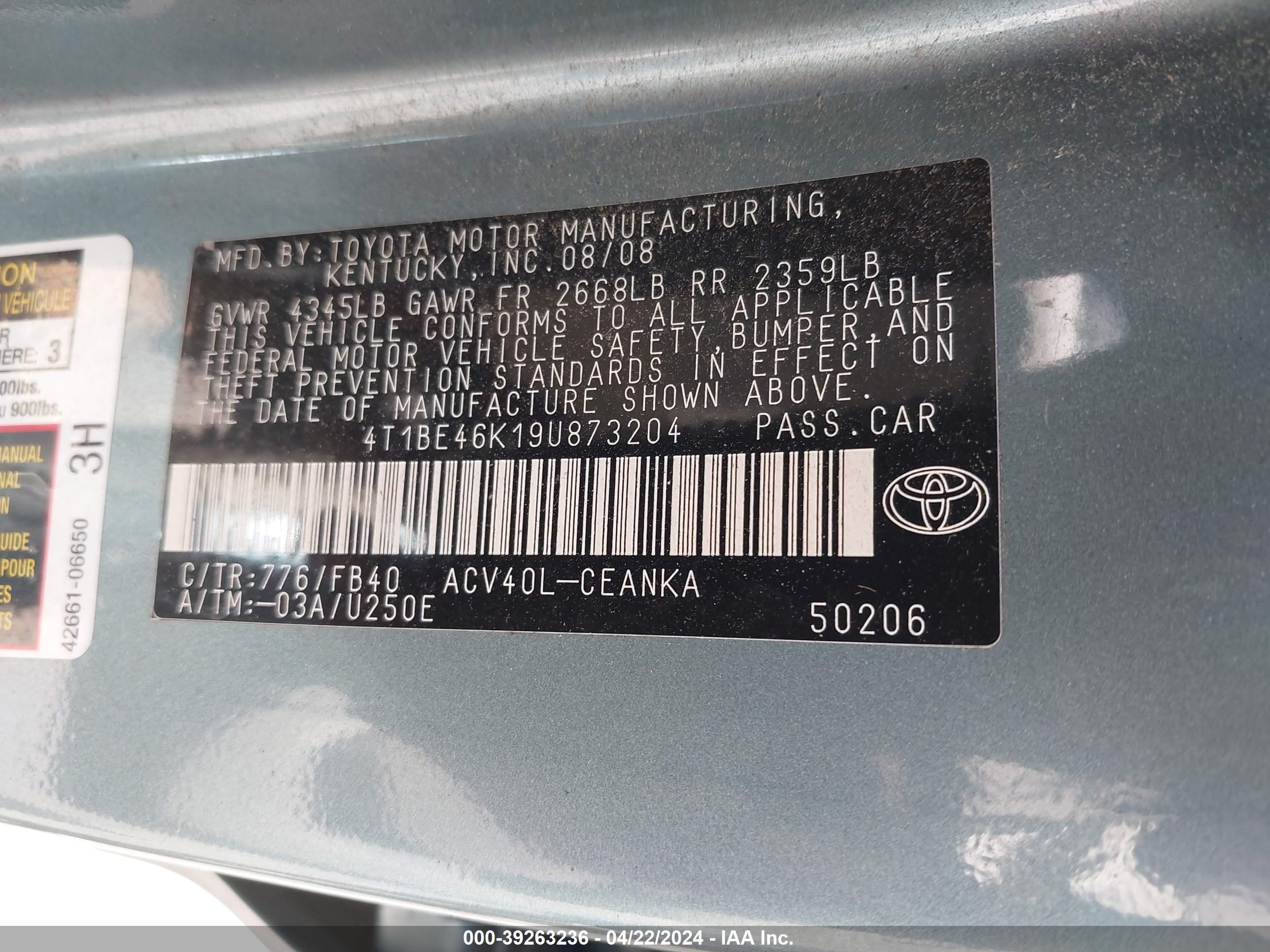 Photo 8 VIN: 4T1BE46K19U873204 - TOYOTA CAMRY 