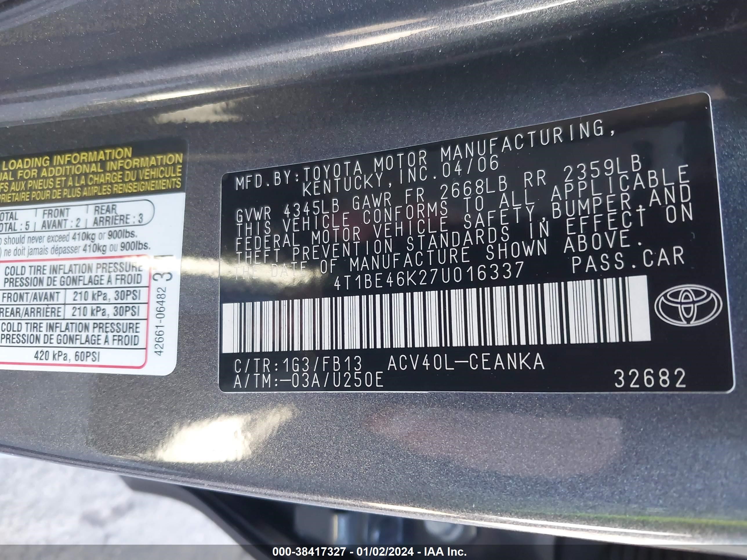 Photo 8 VIN: 4T1BE46K27U016337 - TOYOTA CAMRY 