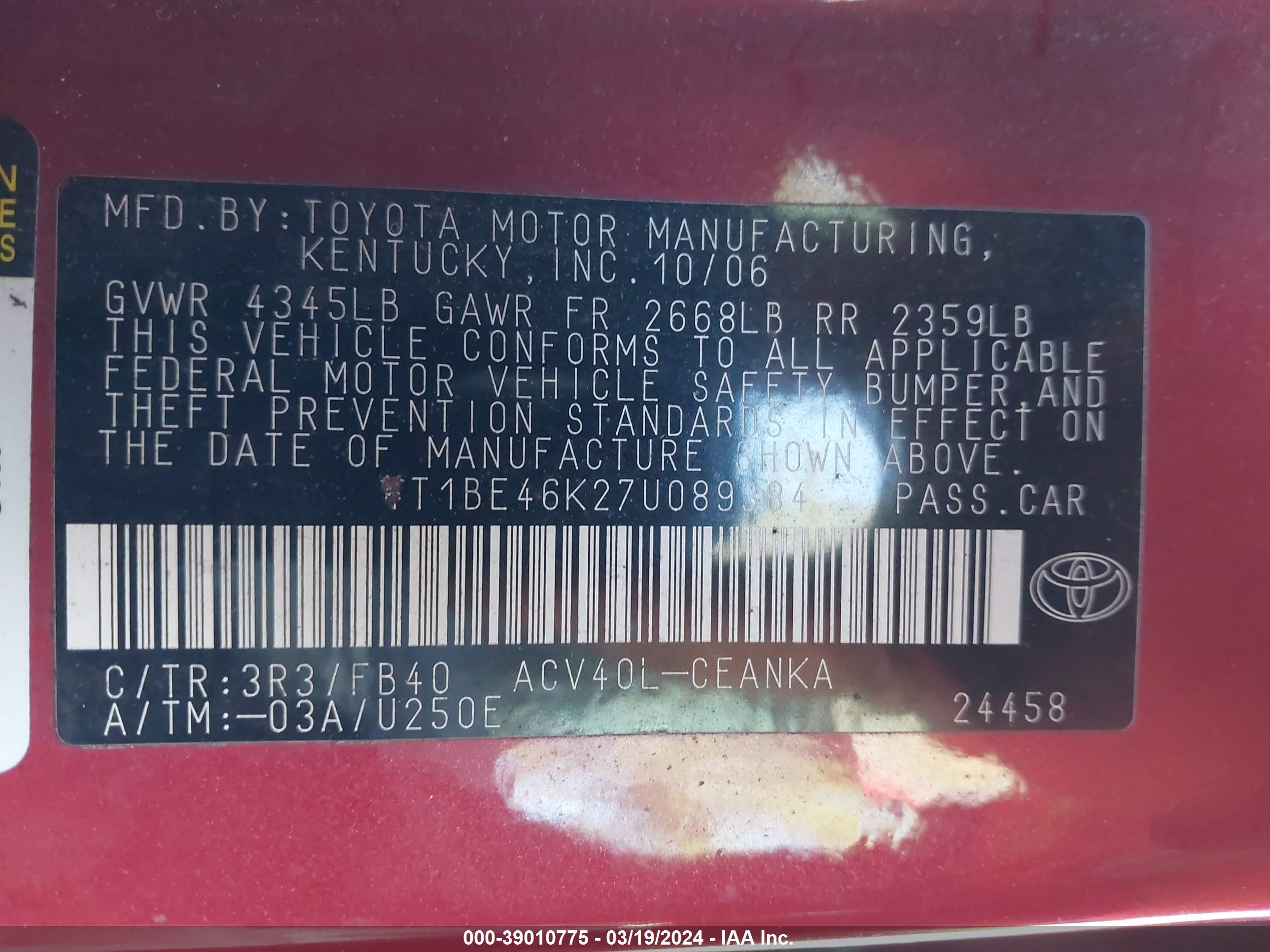 Photo 8 VIN: 4T1BE46K27U089384 - TOYOTA CAMRY 