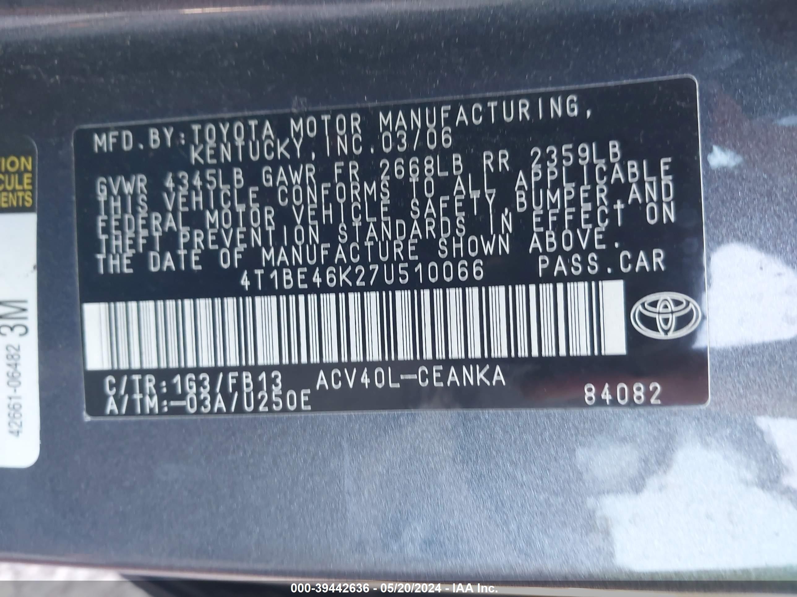 Photo 8 VIN: 4T1BE46K27U510066 - TOYOTA CAMRY 