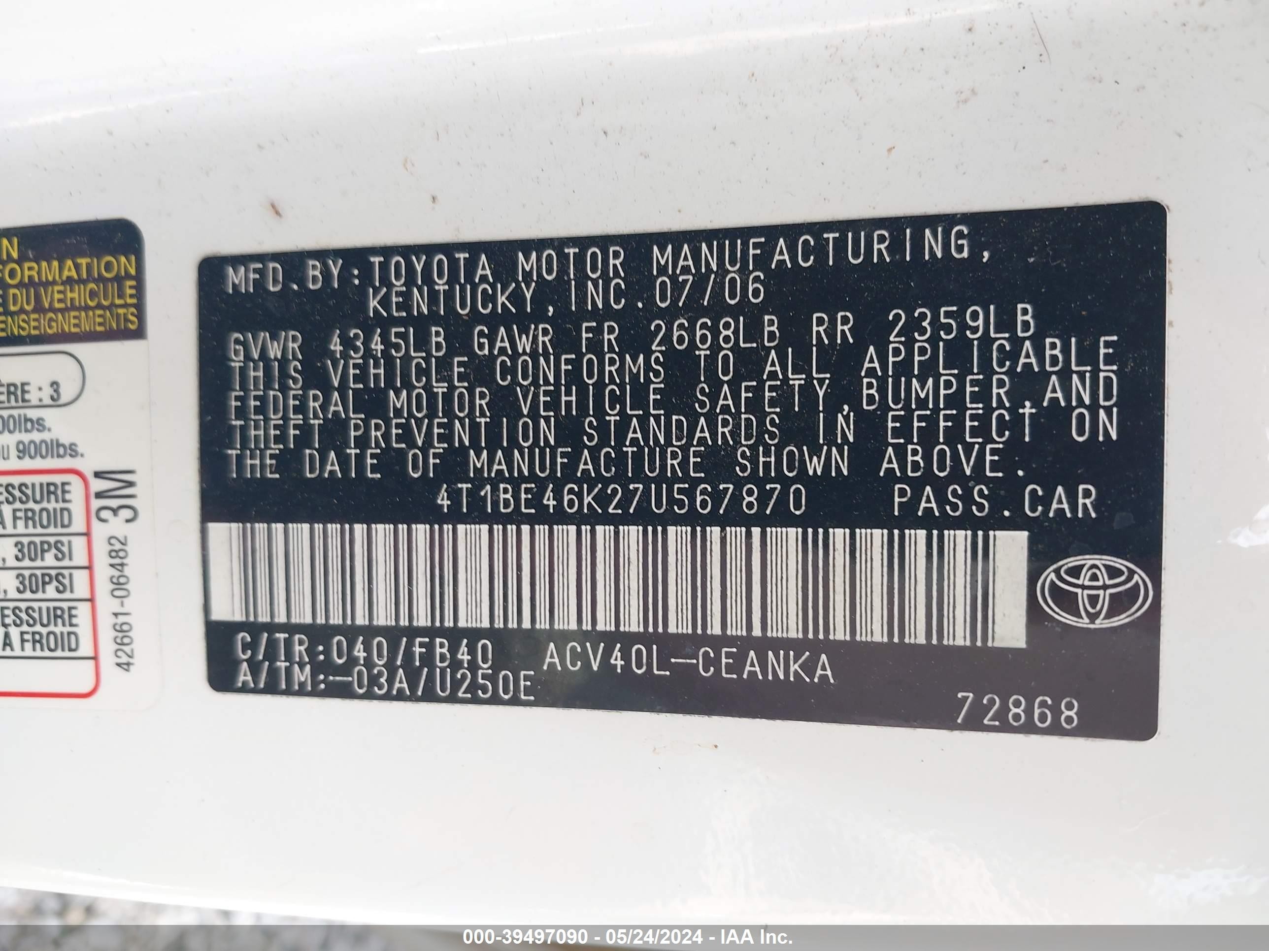 Photo 8 VIN: 4T1BE46K27U567870 - TOYOTA CAMRY 