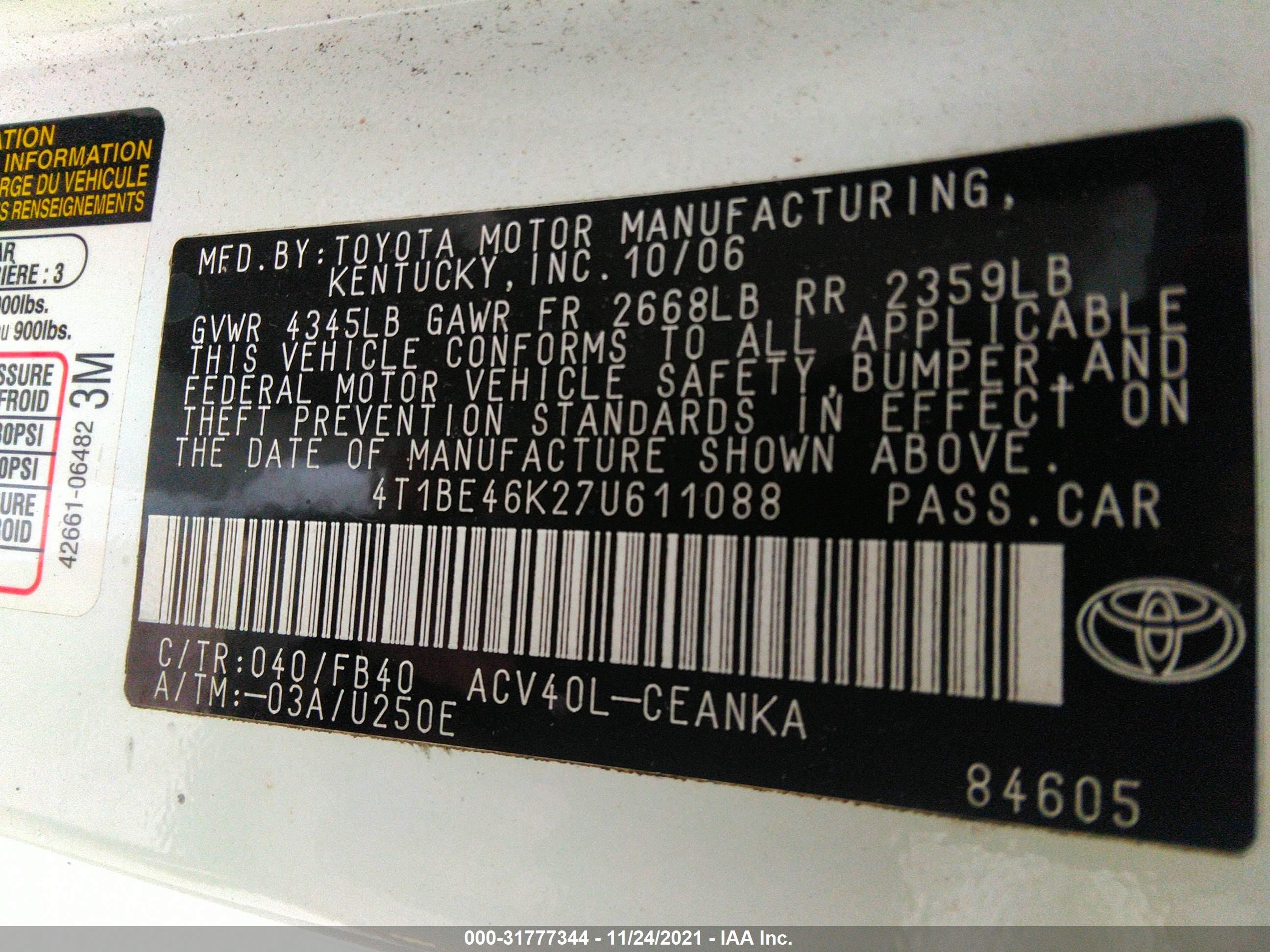 Photo 8 VIN: 4T1BE46K27U611088 - TOYOTA CAMRY 