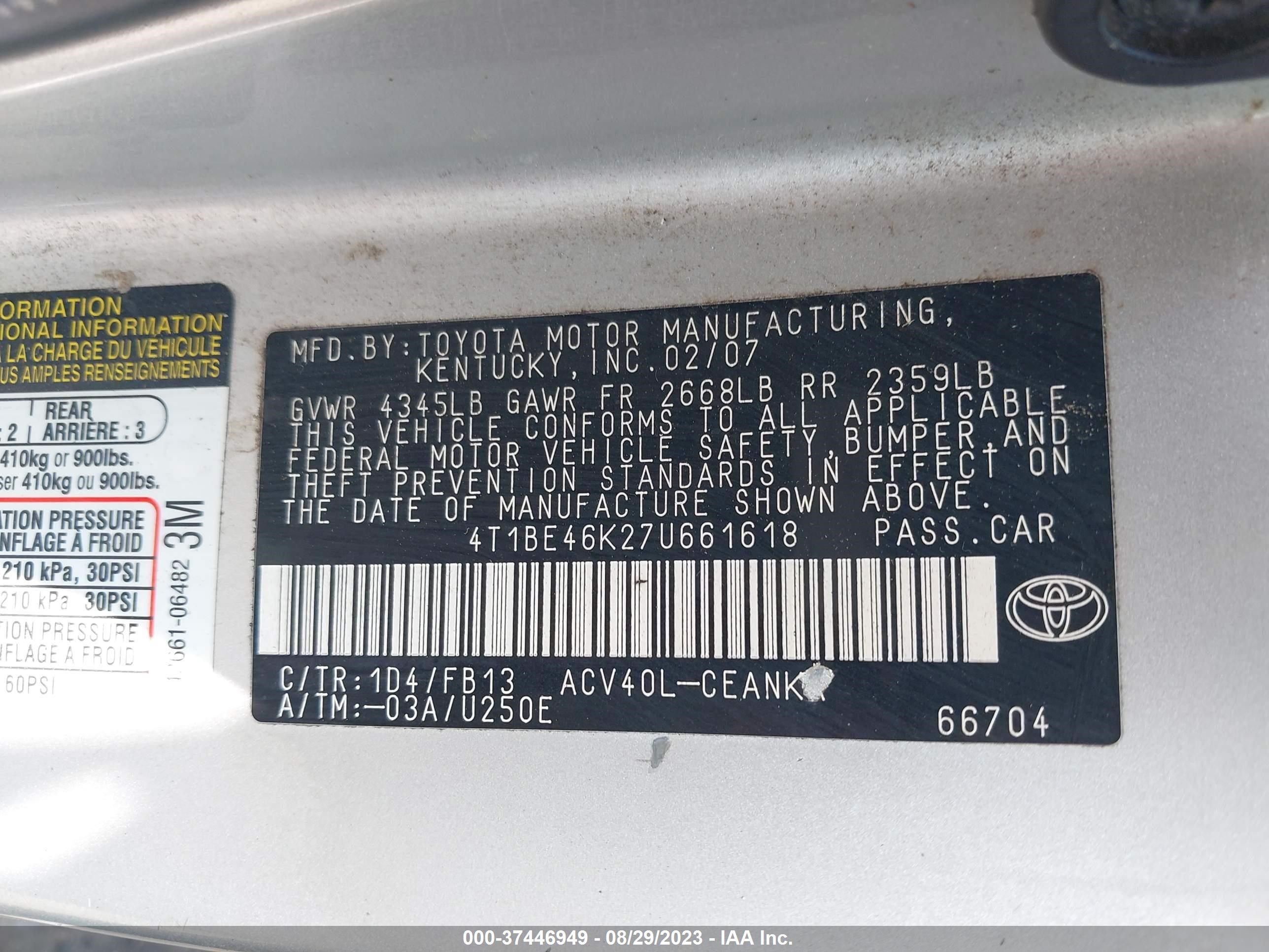 Photo 8 VIN: 4T1BE46K27U661618 - TOYOTA CAMRY 