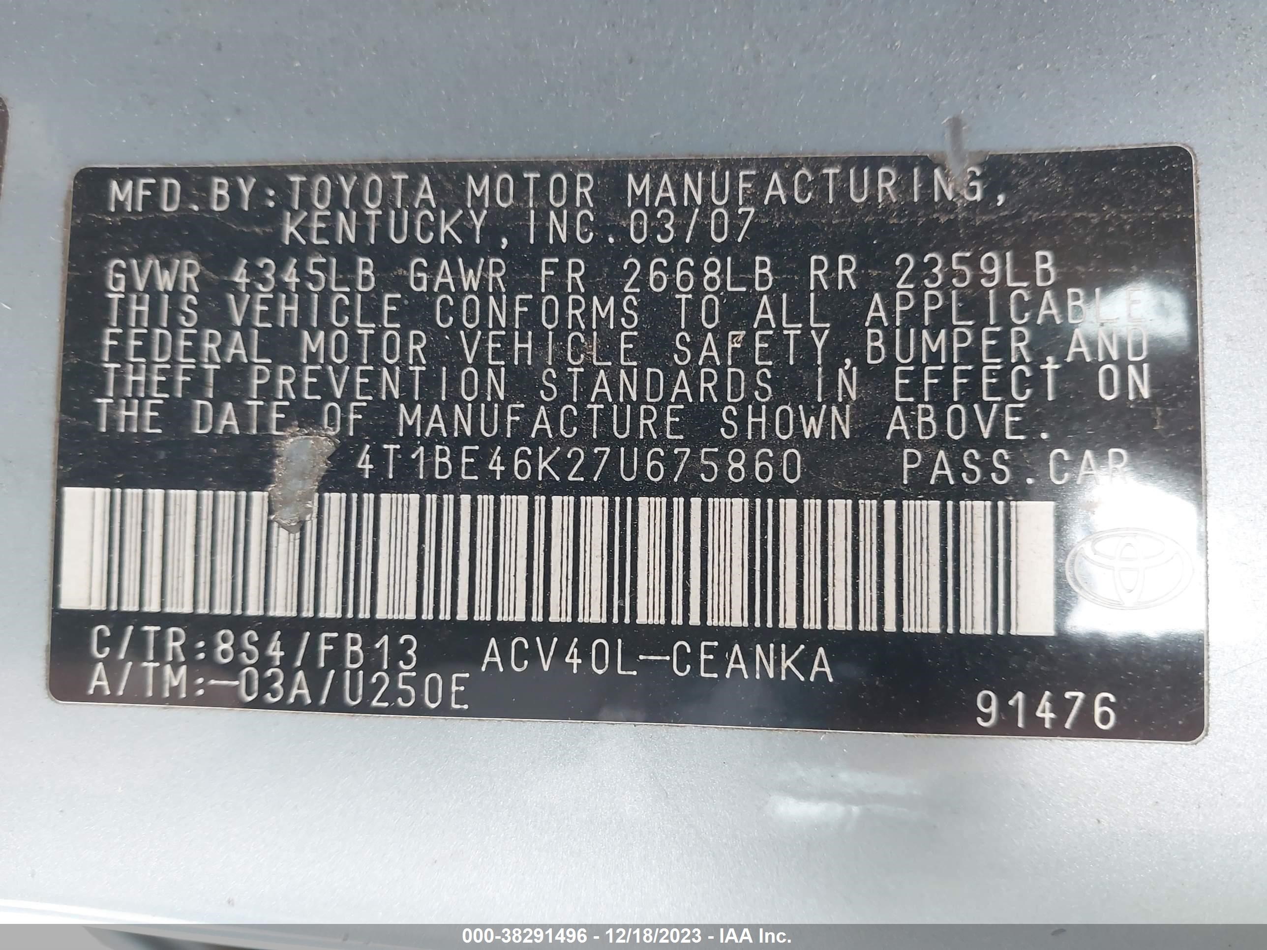 Photo 8 VIN: 4T1BE46K27U675860 - TOYOTA CAMRY 