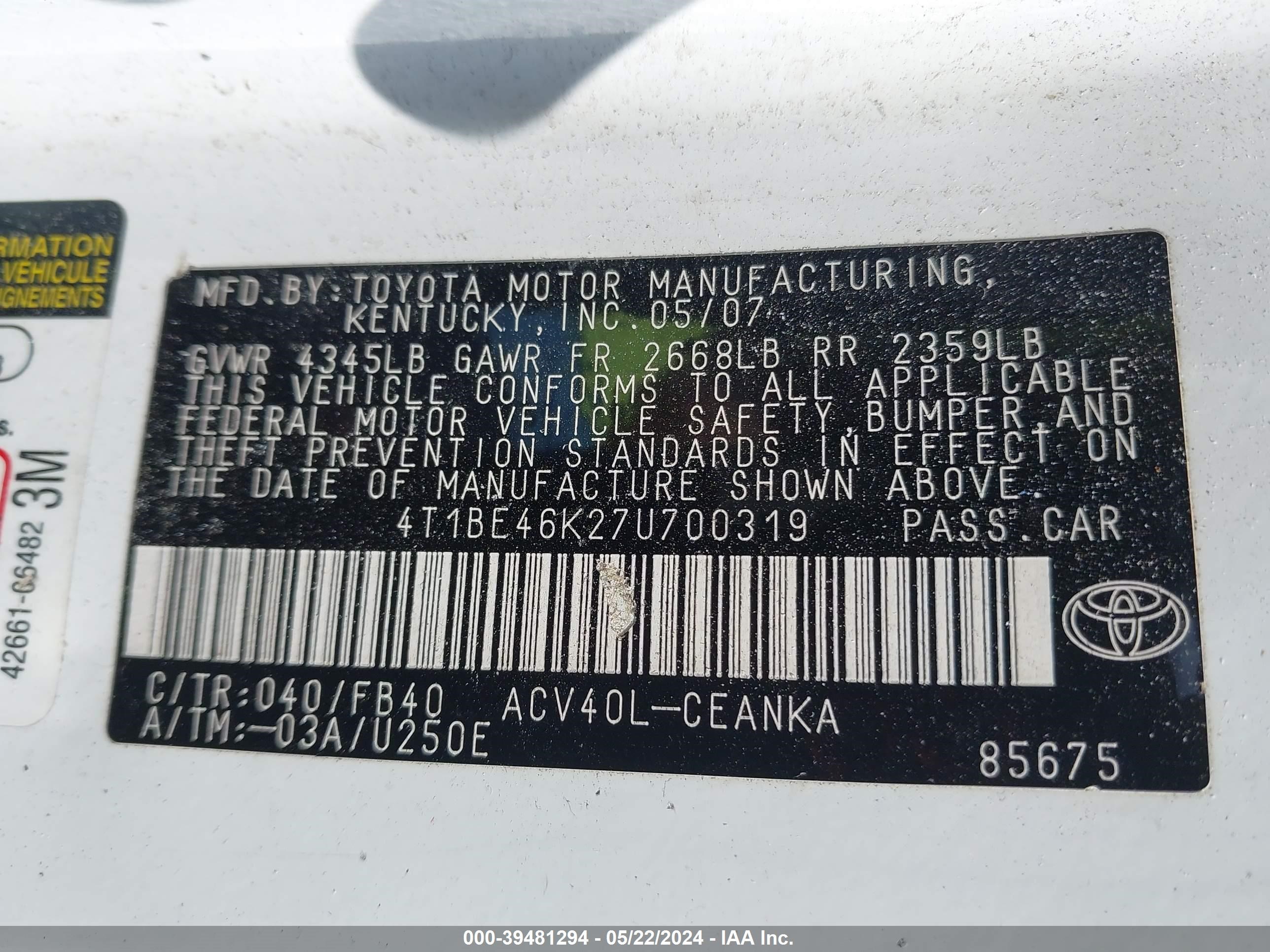 Photo 8 VIN: 4T1BE46K27U700319 - TOYOTA CAMRY 