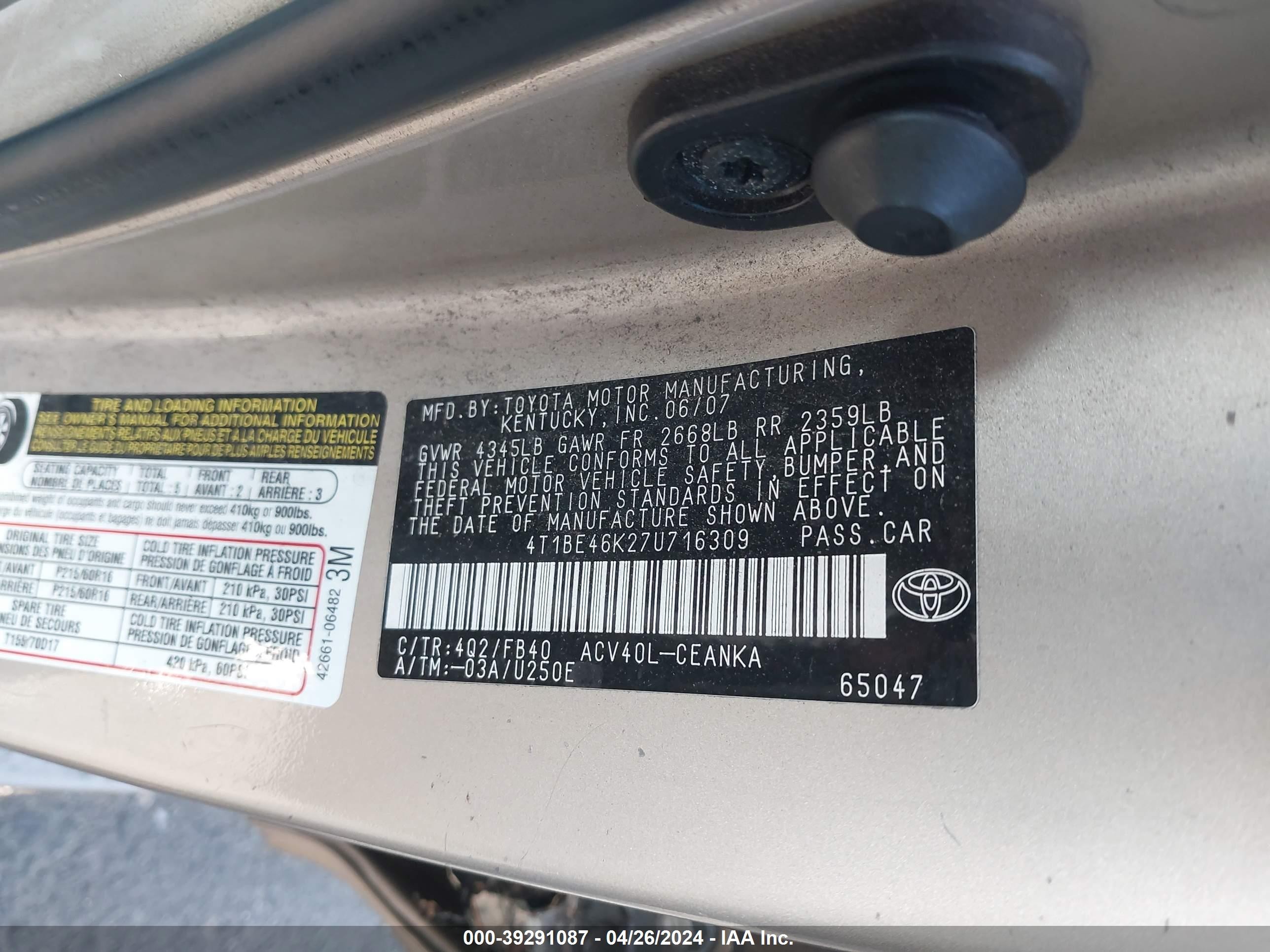 Photo 8 VIN: 4T1BE46K27U716309 - TOYOTA CAMRY 