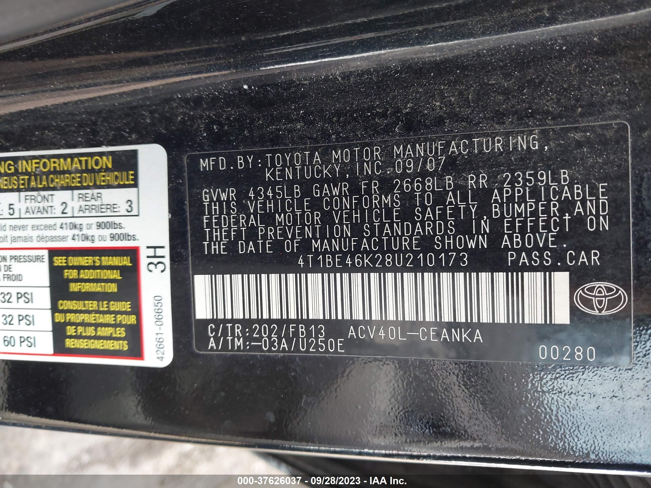 Photo 8 VIN: 4T1BE46K28U210173 - TOYOTA CAMRY 