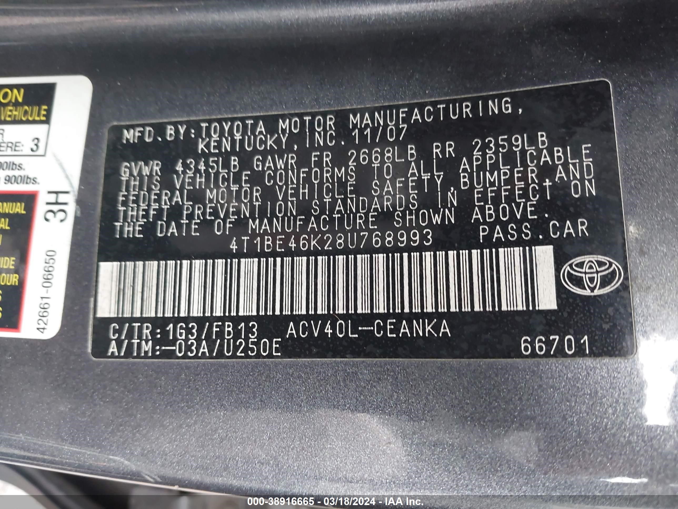 Photo 8 VIN: 4T1BE46K28U768993 - TOYOTA CAMRY 