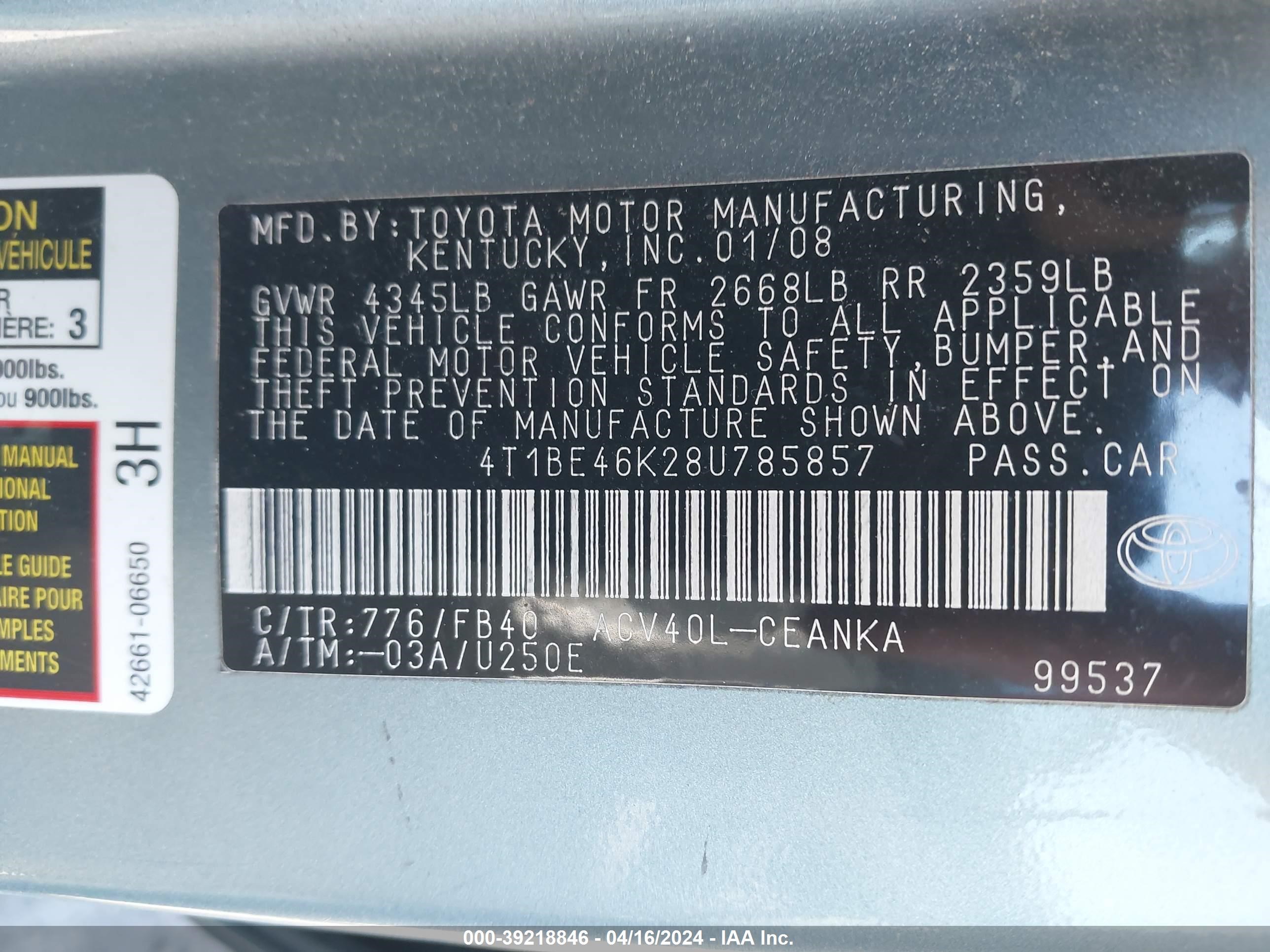 Photo 8 VIN: 4T1BE46K28U785857 - TOYOTA CAMRY 