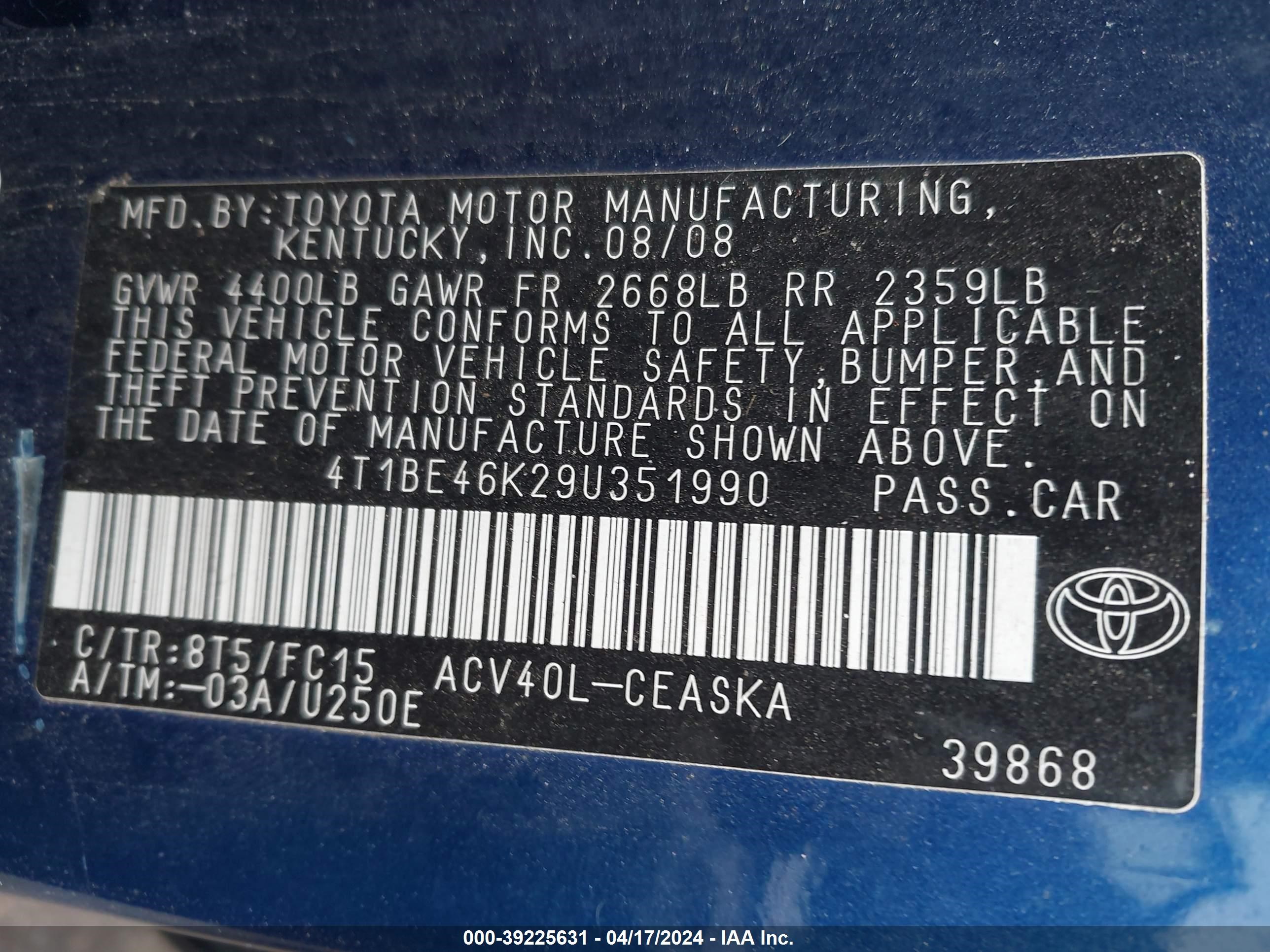 Photo 8 VIN: 4T1BE46K29U351990 - TOYOTA CAMRY 