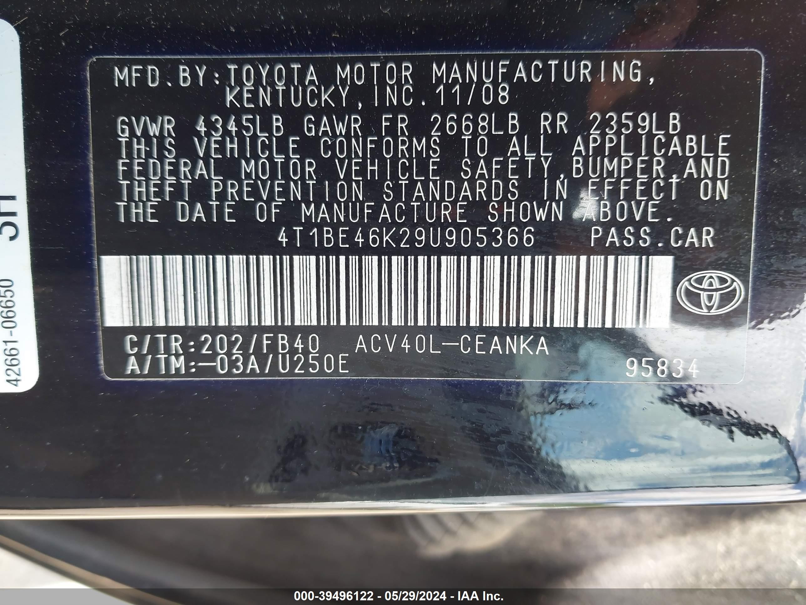 Photo 8 VIN: 4T1BE46K29U905366 - TOYOTA CAMRY 