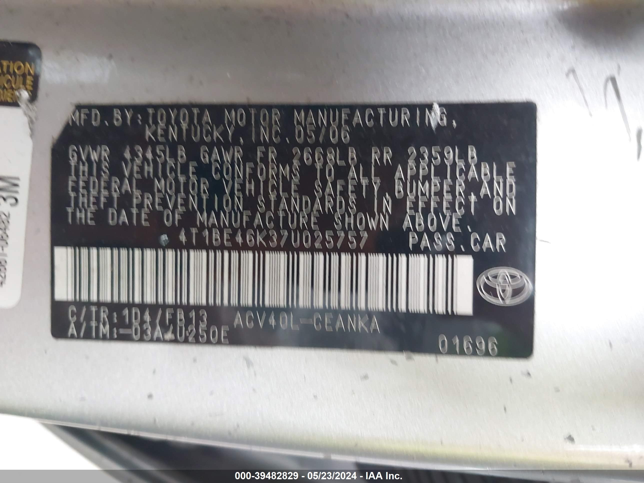 Photo 8 VIN: 4T1BE46K37U025757 - TOYOTA CAMRY 