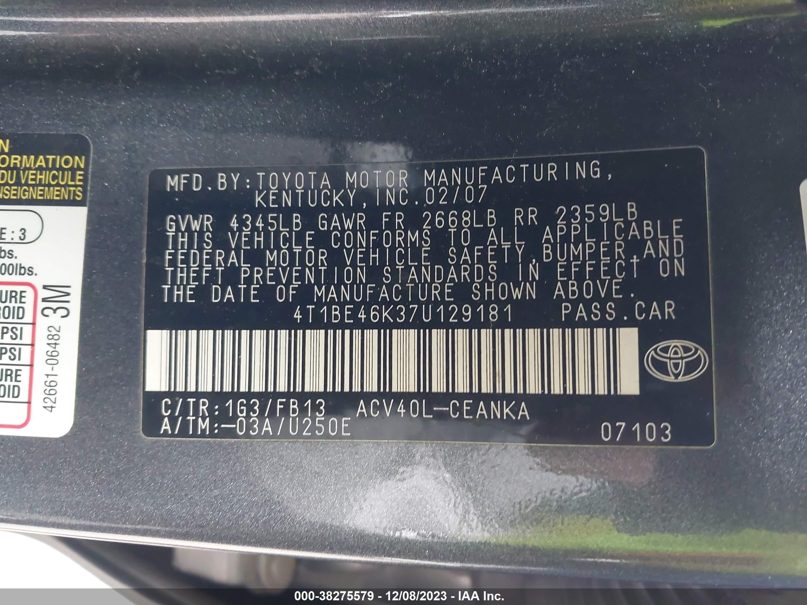 Photo 8 VIN: 4T1BE46K37U129181 - TOYOTA CAMRY 