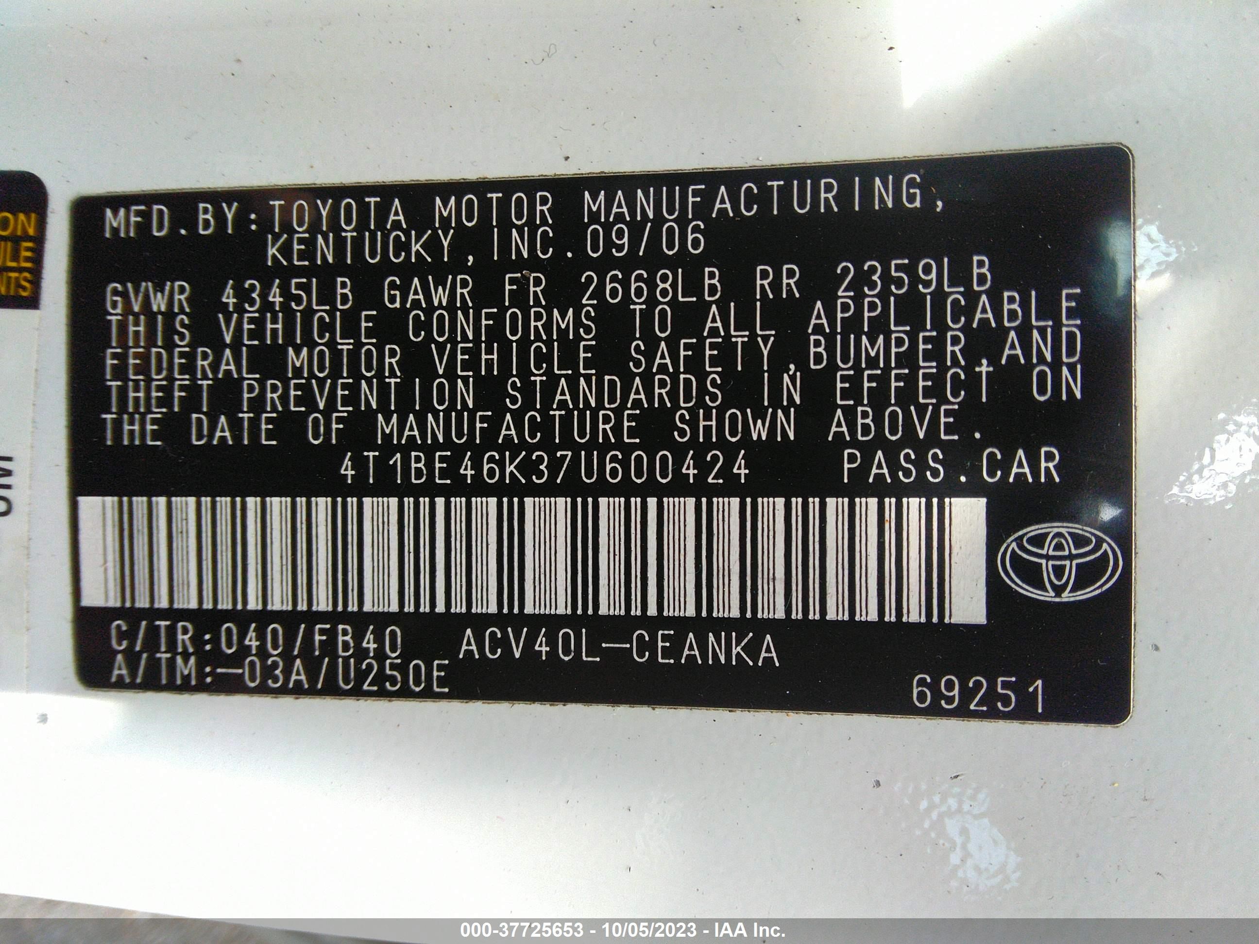 Photo 8 VIN: 4T1BE46K37U600424 - TOYOTA CAMRY 