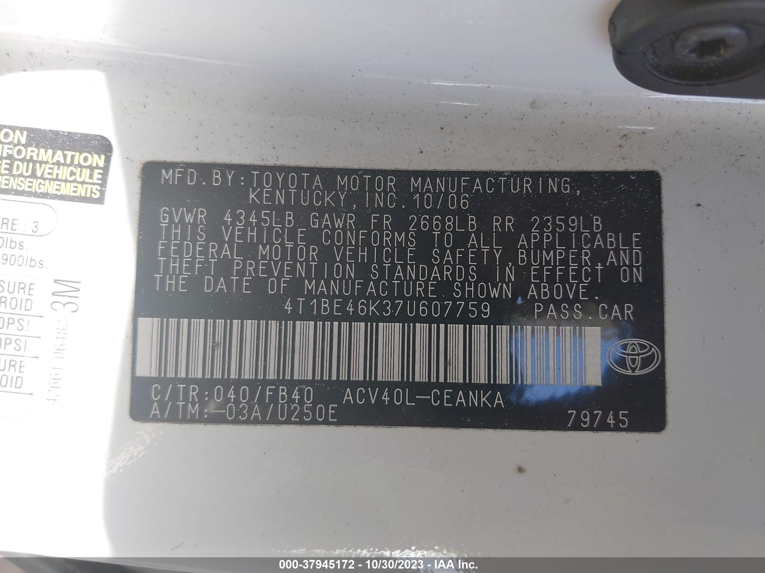 Photo 8 VIN: 4T1BE46K37U607759 - TOYOTA CAMRY 