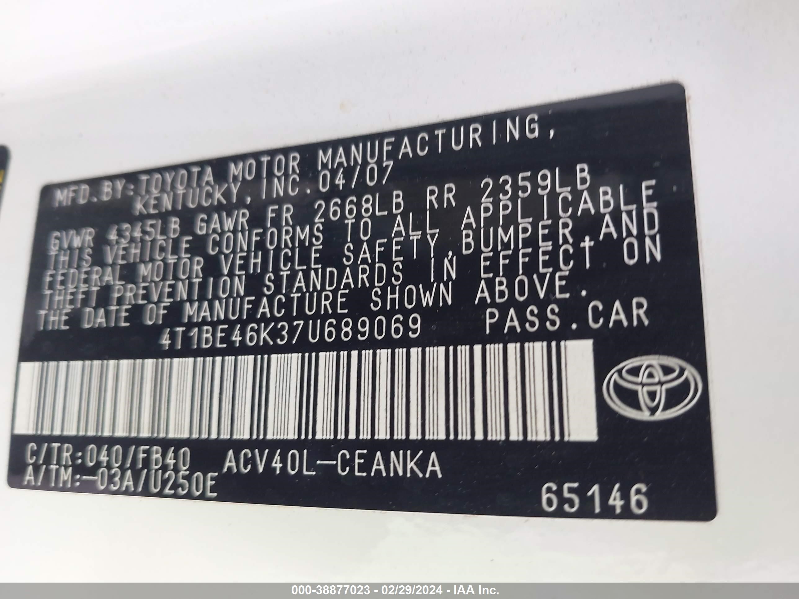 Photo 8 VIN: 4T1BE46K37U689069 - TOYOTA CAMRY 