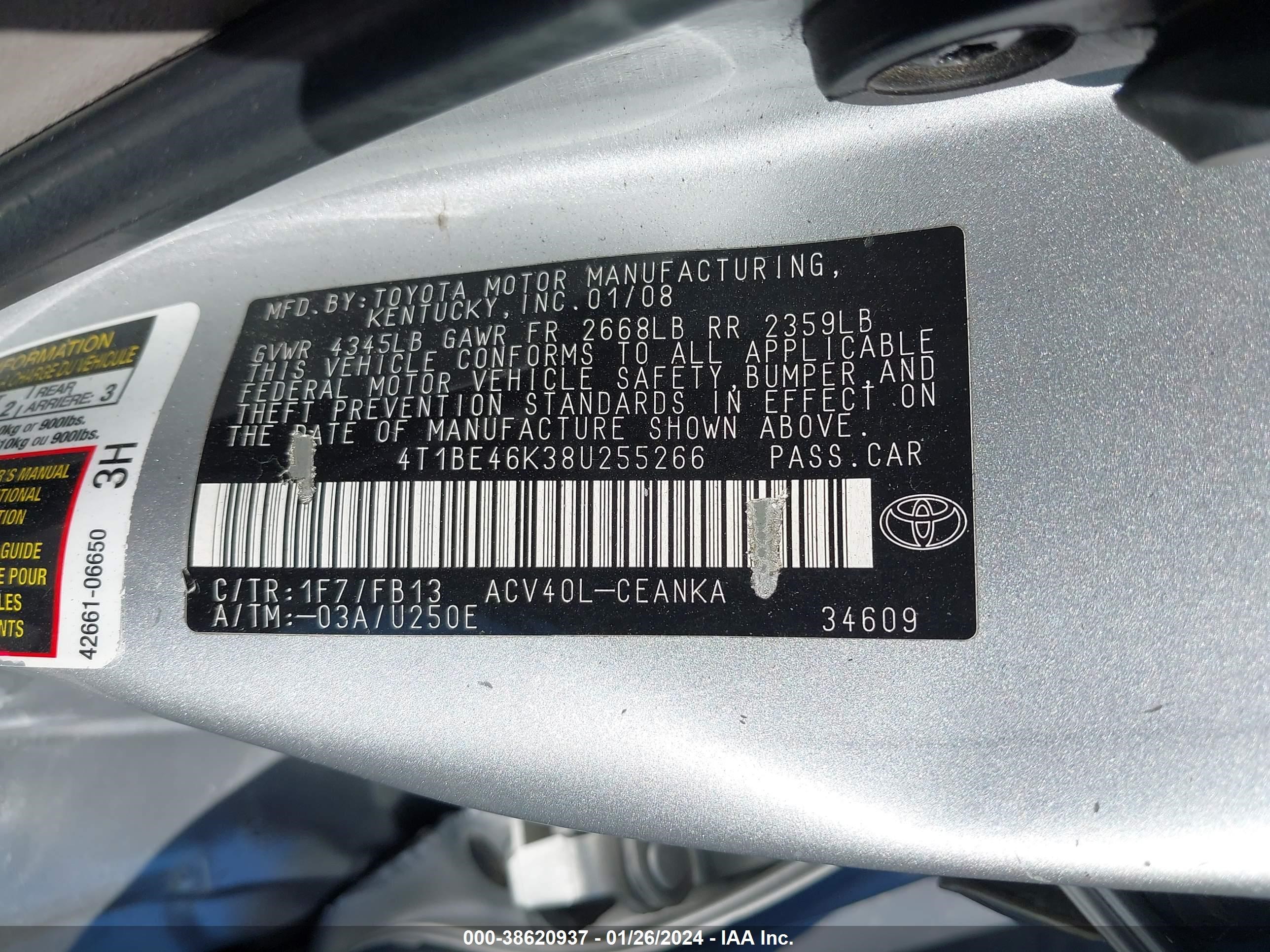 Photo 8 VIN: 4T1BE46K38U255266 - TOYOTA CAMRY 