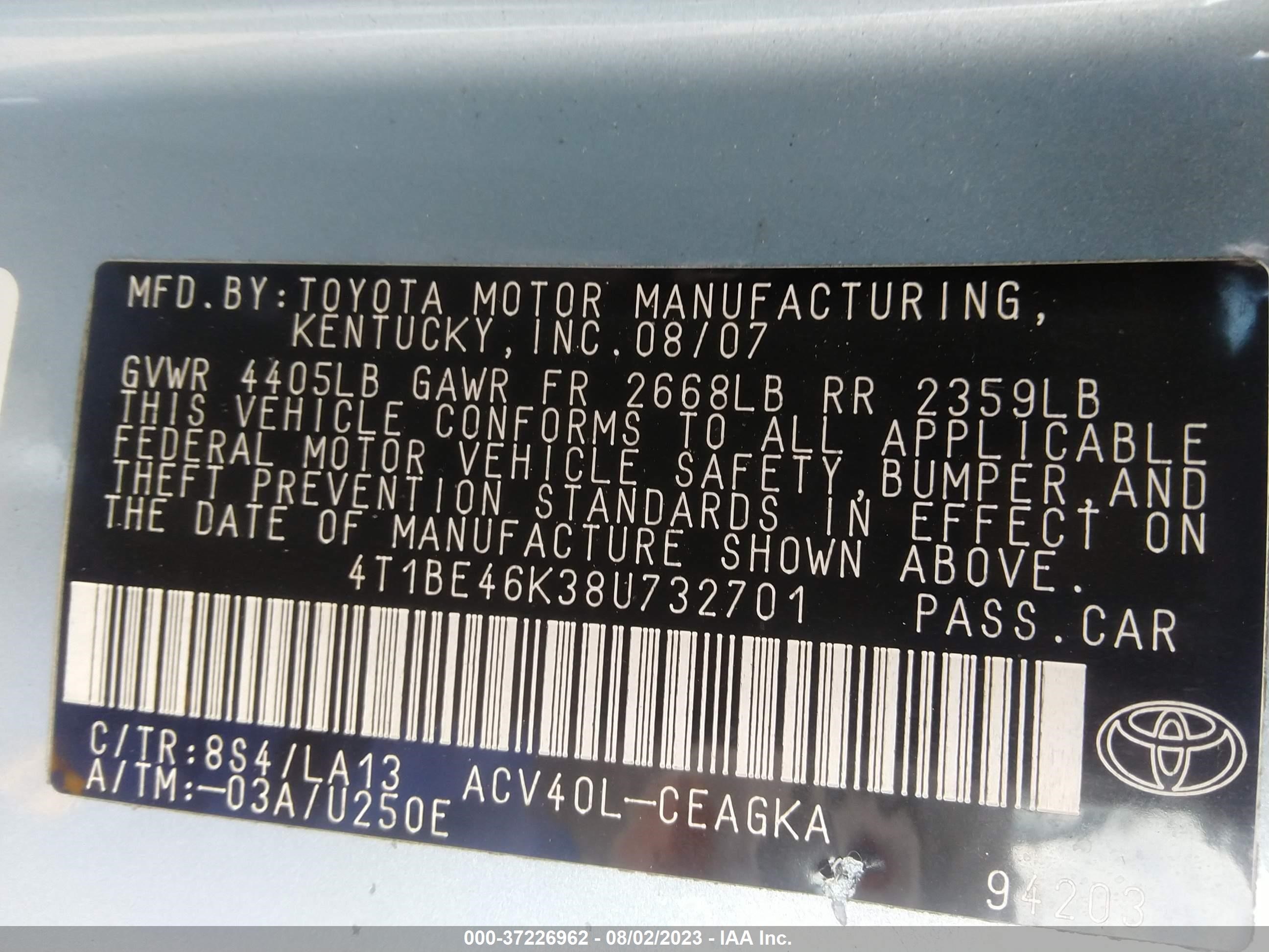 Photo 8 VIN: 4T1BE46K38U732701 - TOYOTA CAMRY 