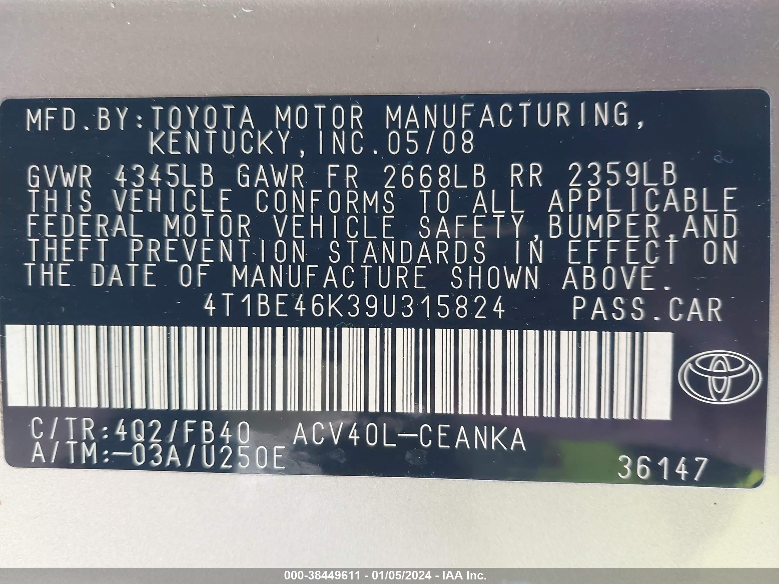 Photo 8 VIN: 4T1BE46K39U315824 - TOYOTA CAMRY 