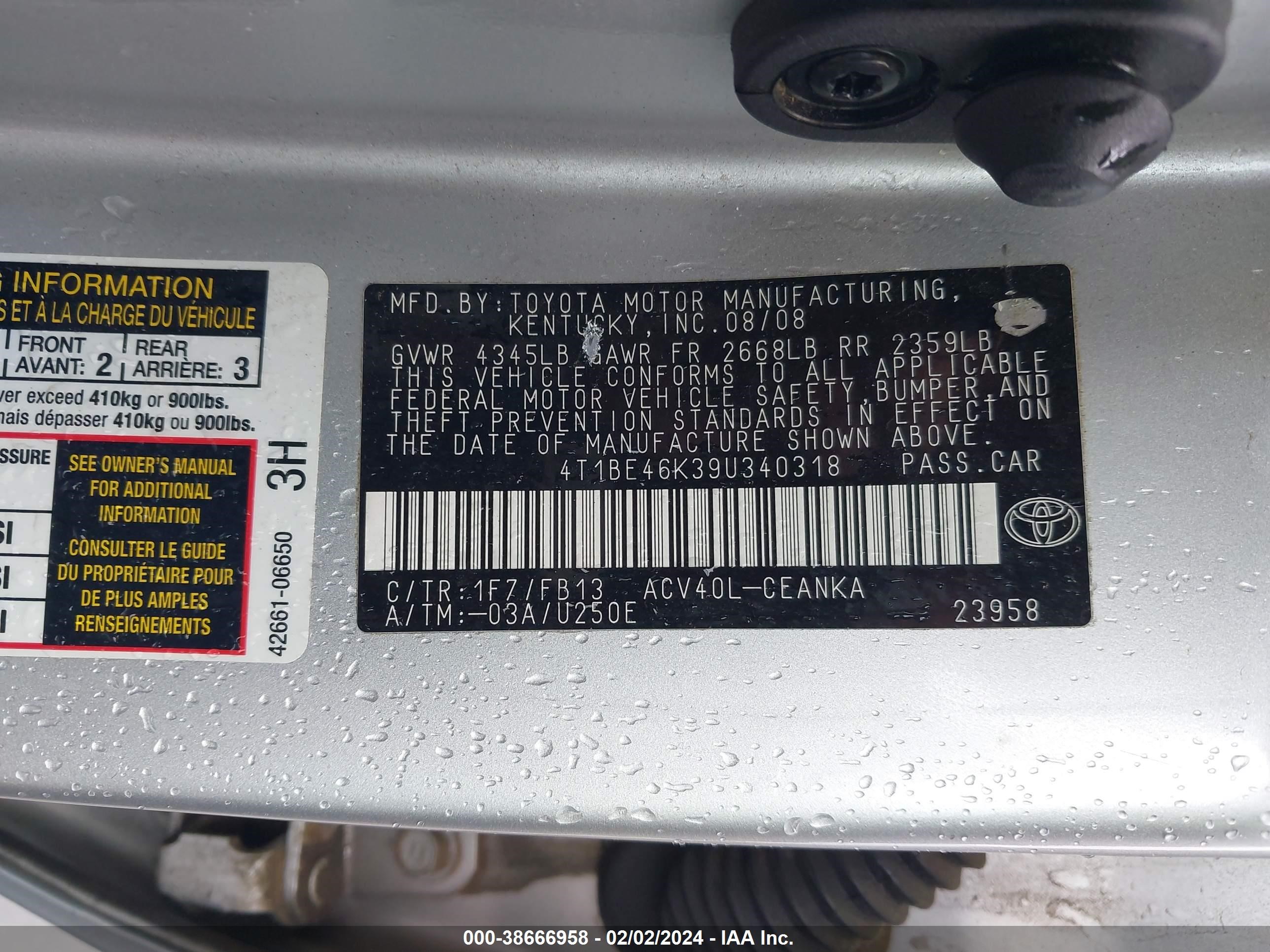 Photo 8 VIN: 4T1BE46K39U340318 - TOYOTA CAMRY 