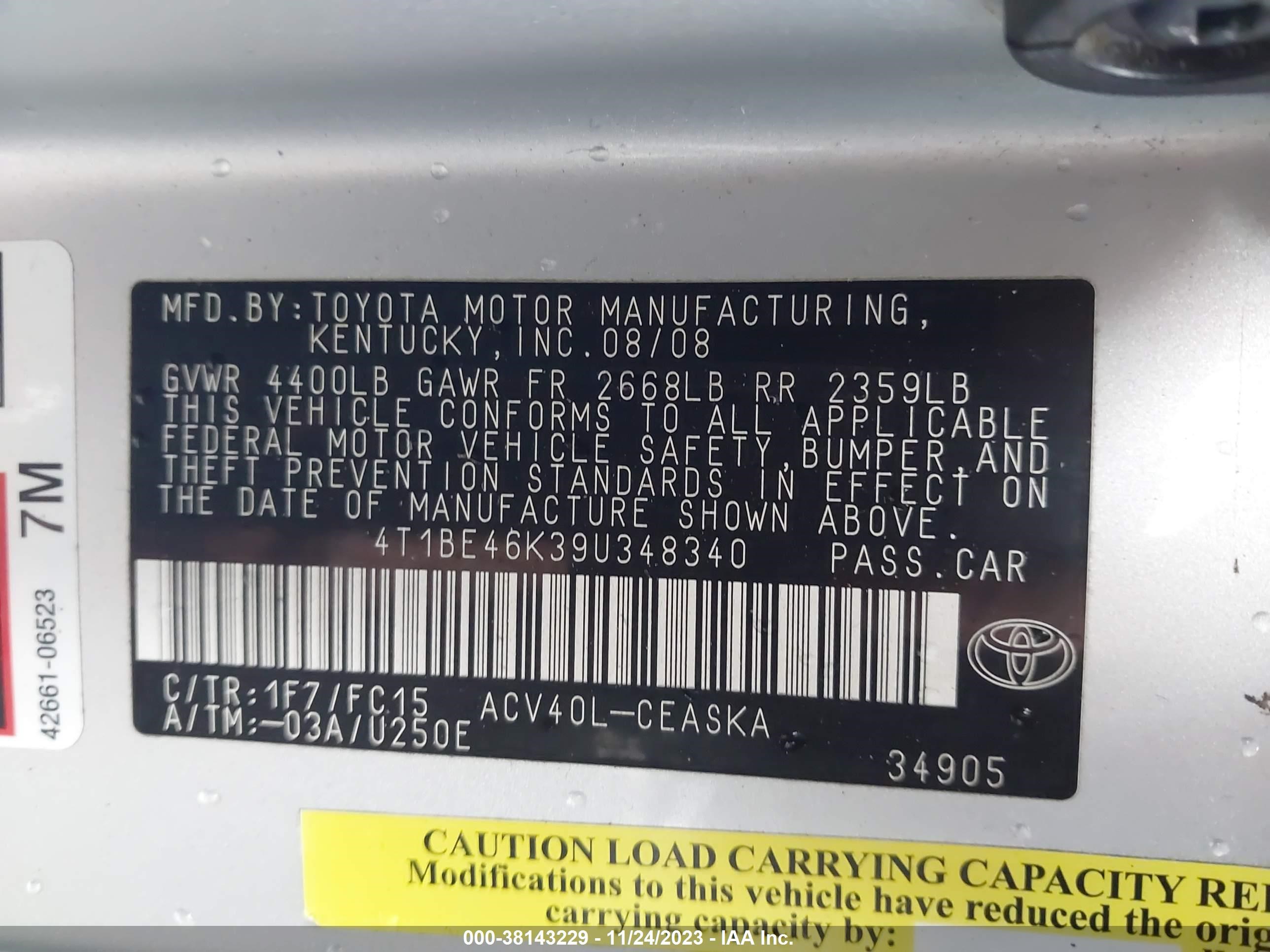 Photo 8 VIN: 4T1BE46K39U348340 - TOYOTA CAMRY 