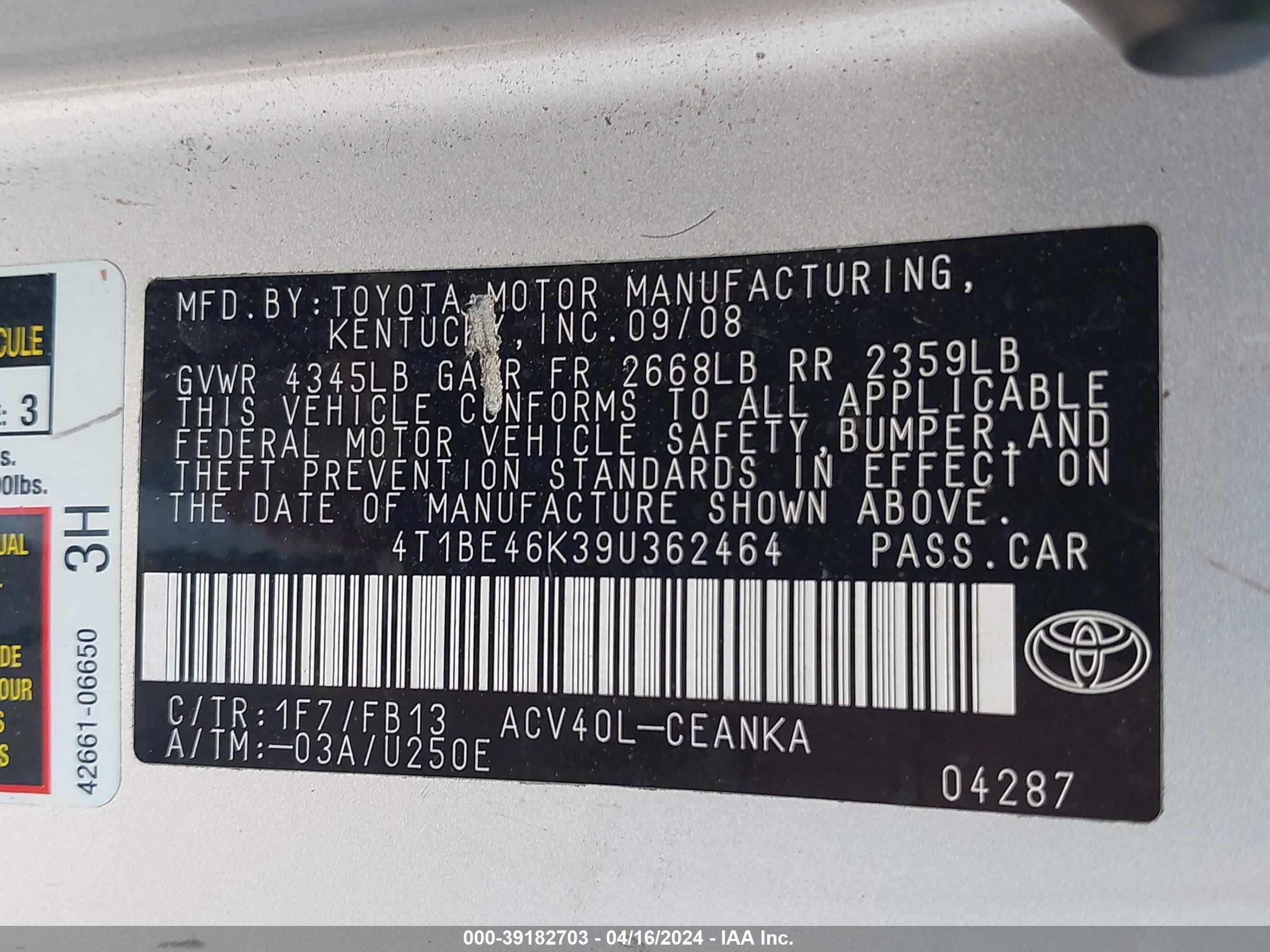 Photo 8 VIN: 4T1BE46K39U362464 - TOYOTA CAMRY 