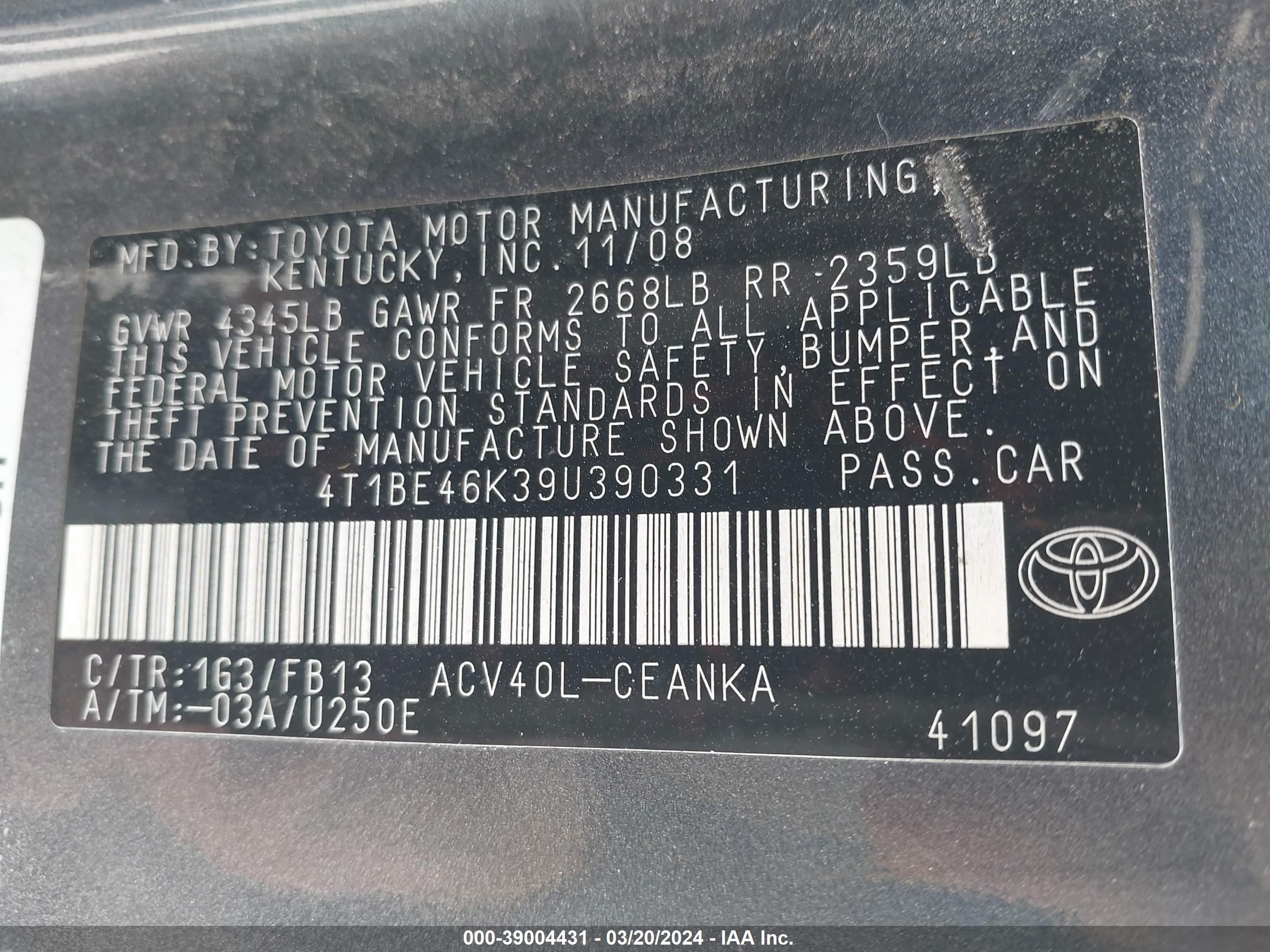 Photo 8 VIN: 4T1BE46K39U390331 - TOYOTA CAMRY 