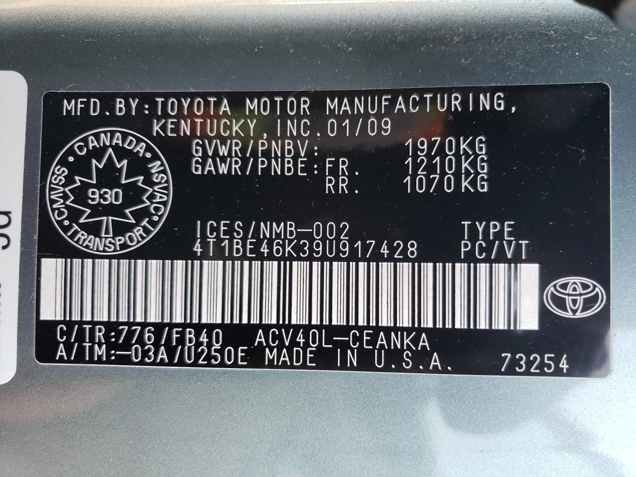 Photo 11 VIN: 4T1BE46K39U917428 - TOYOTA CAMRY 