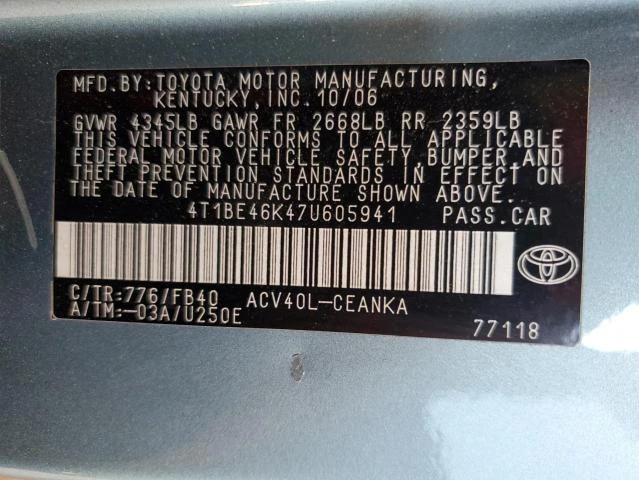 Photo 11 VIN: 4T1BE46K47U605941 - TOYOTA CAMRY CE 