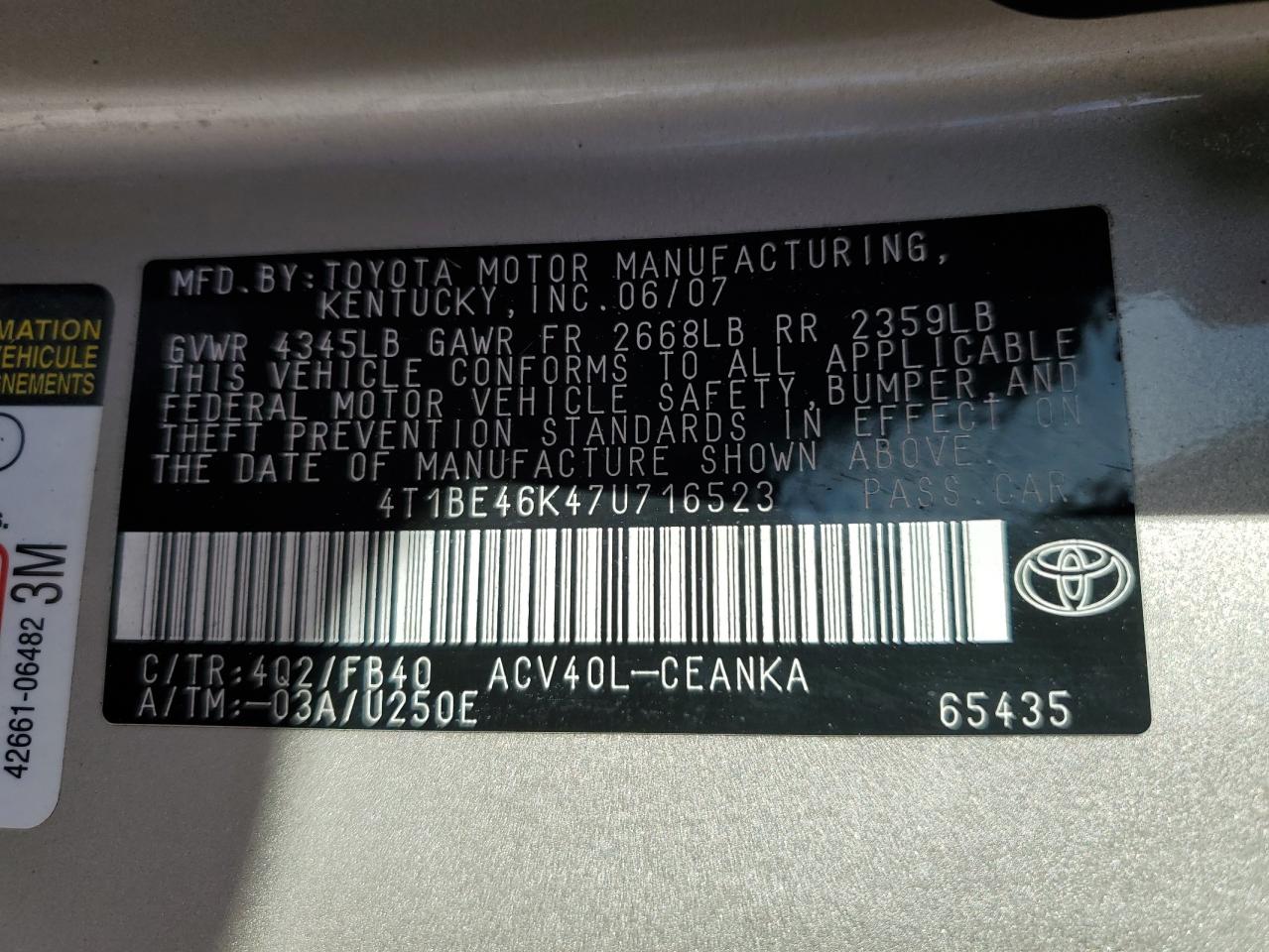 Photo 11 VIN: 4T1BE46K47U716523 - TOYOTA CAMRY 