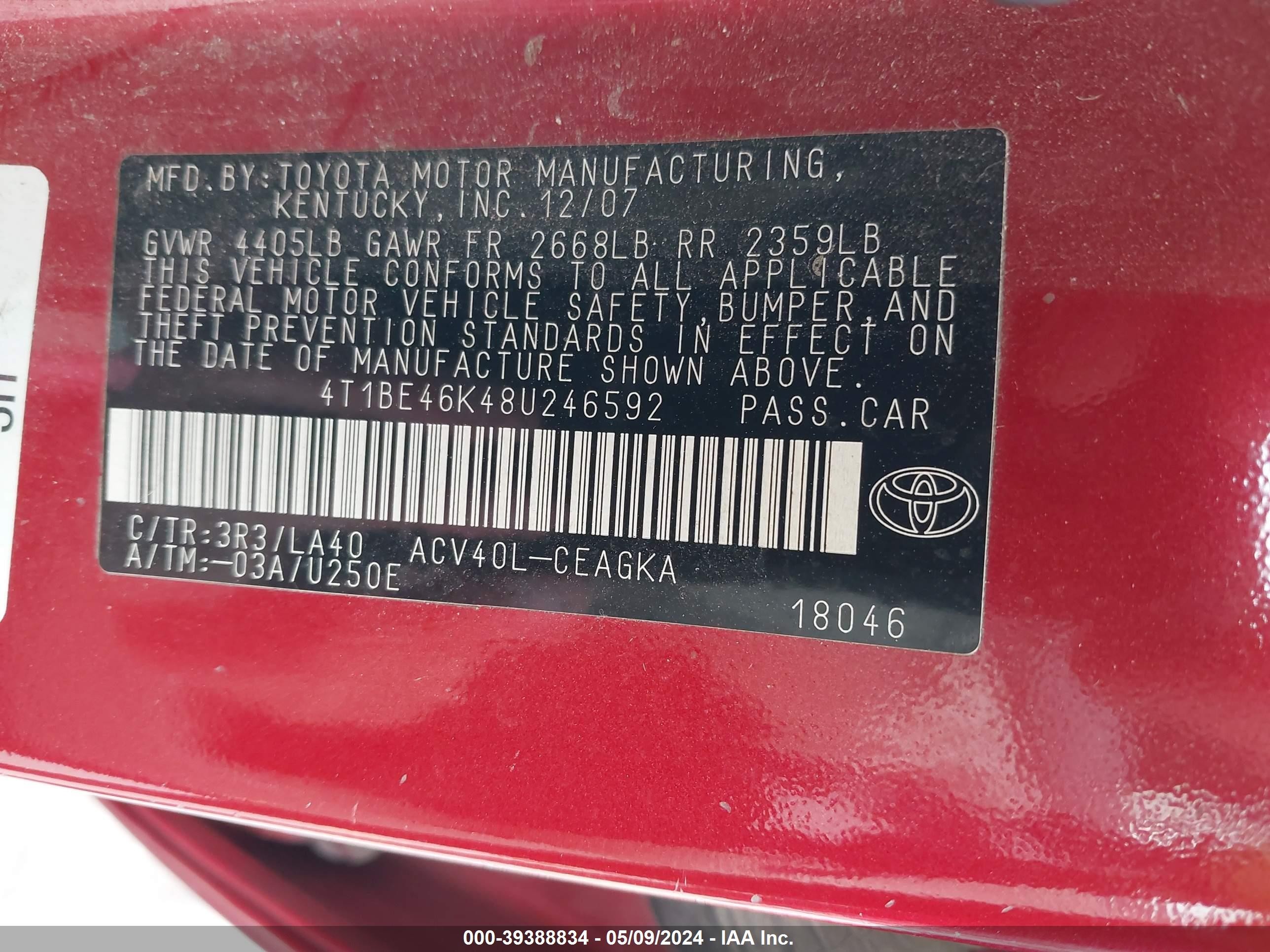 Photo 8 VIN: 4T1BE46K48U246592 - TOYOTA CAMRY 