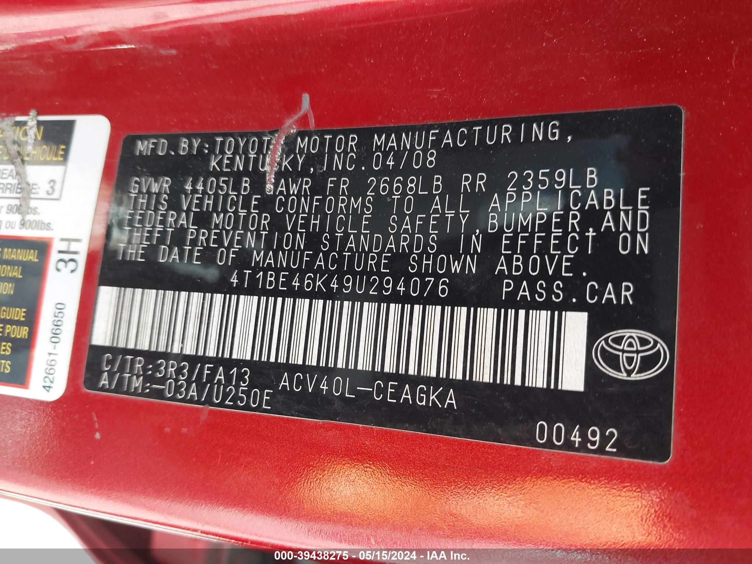 Photo 8 VIN: 4T1BE46K49U294076 - TOYOTA CAMRY 