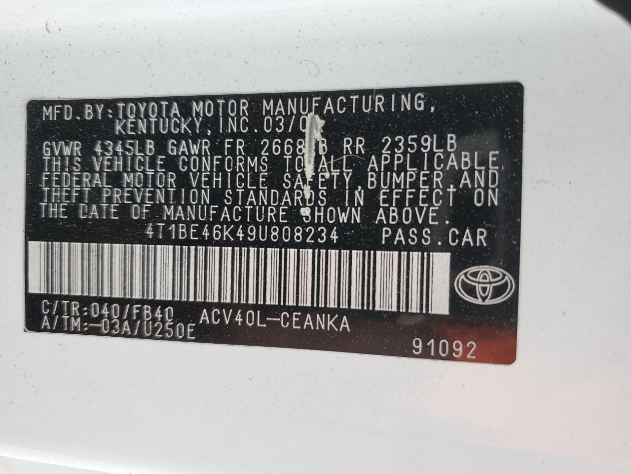 Photo 11 VIN: 4T1BE46K49U808234 - TOYOTA CAMRY 