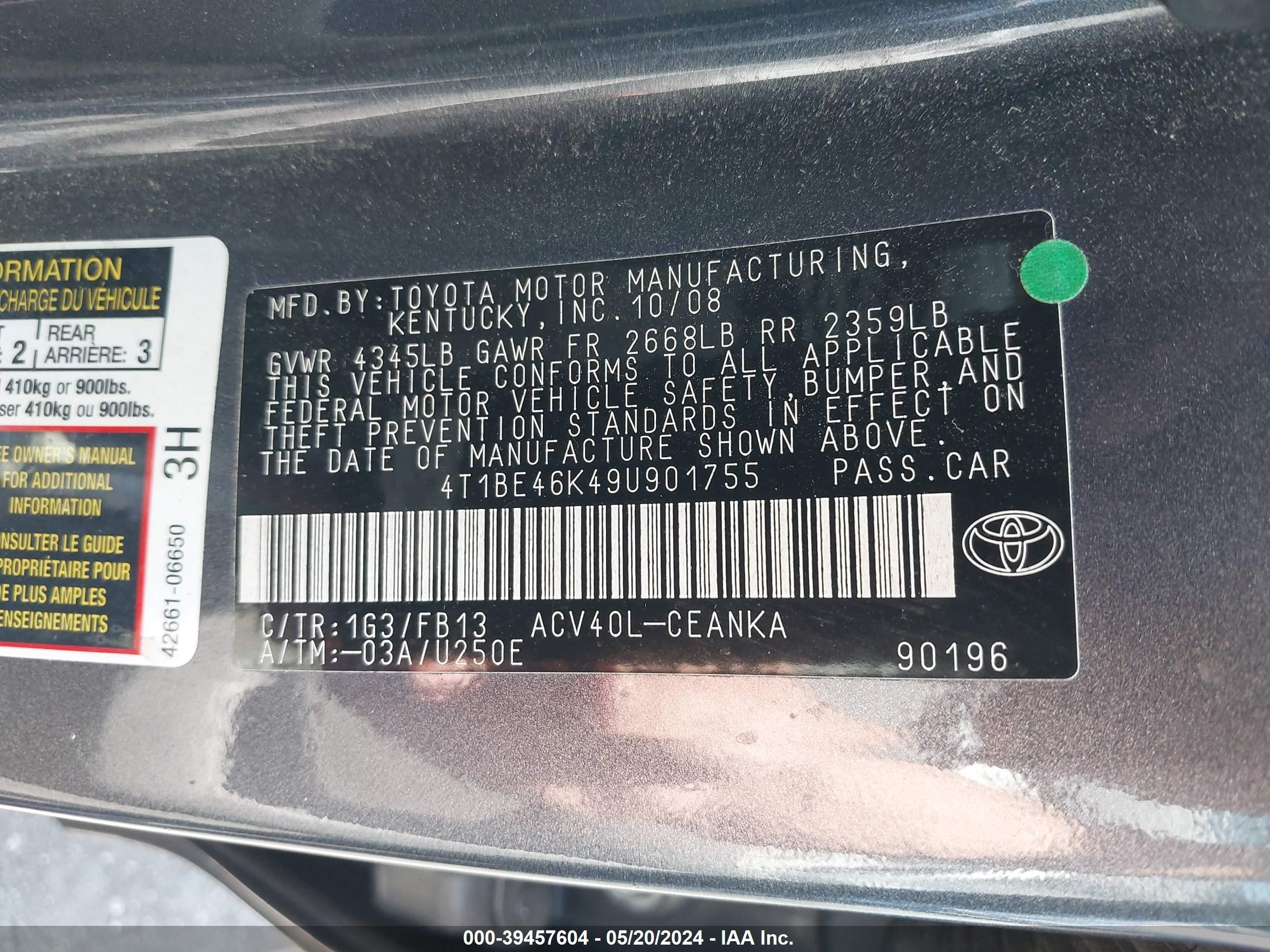 Photo 8 VIN: 4T1BE46K49U901755 - TOYOTA CAMRY 