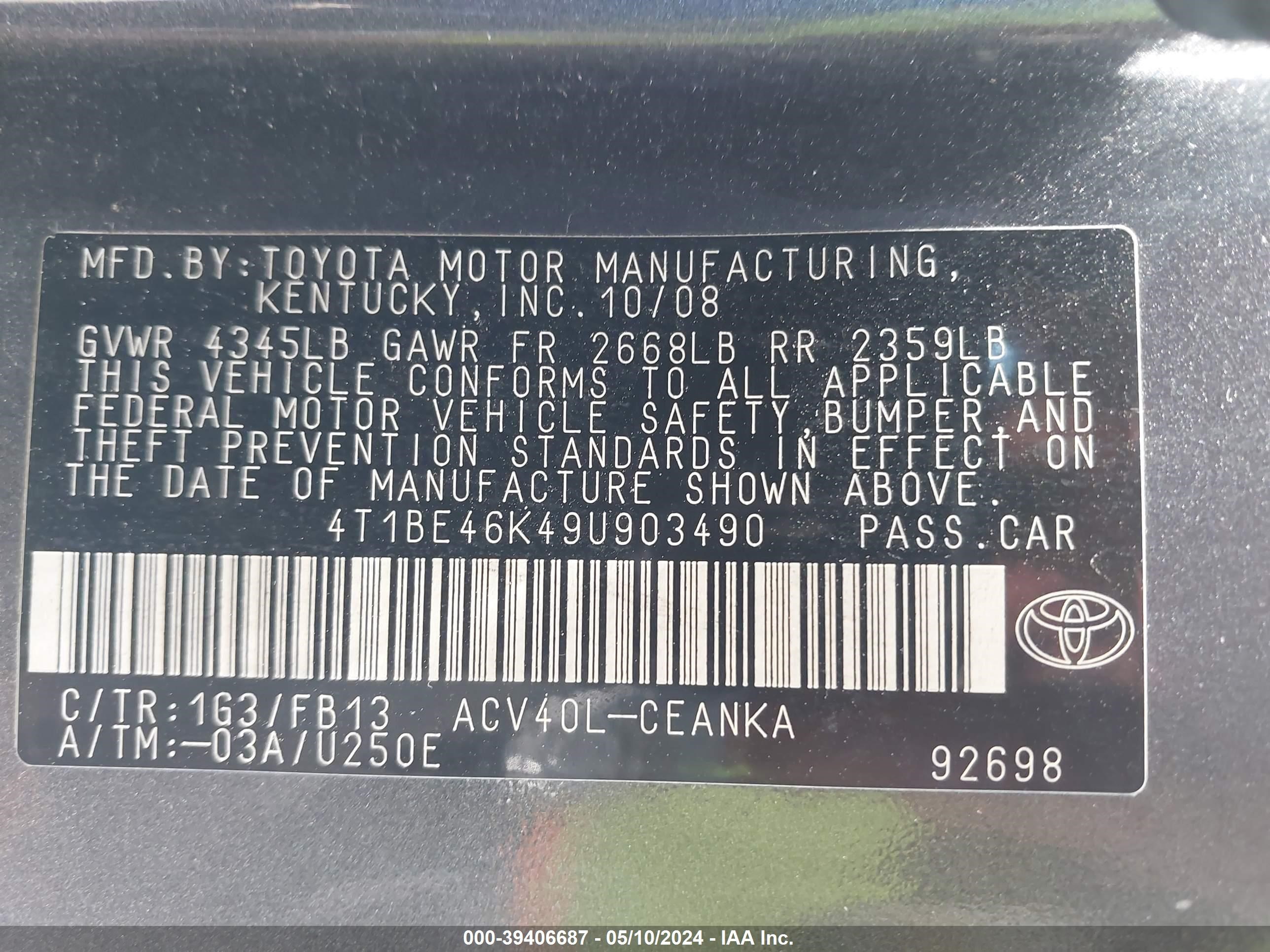 Photo 8 VIN: 4T1BE46K49U903490 - TOYOTA CAMRY 