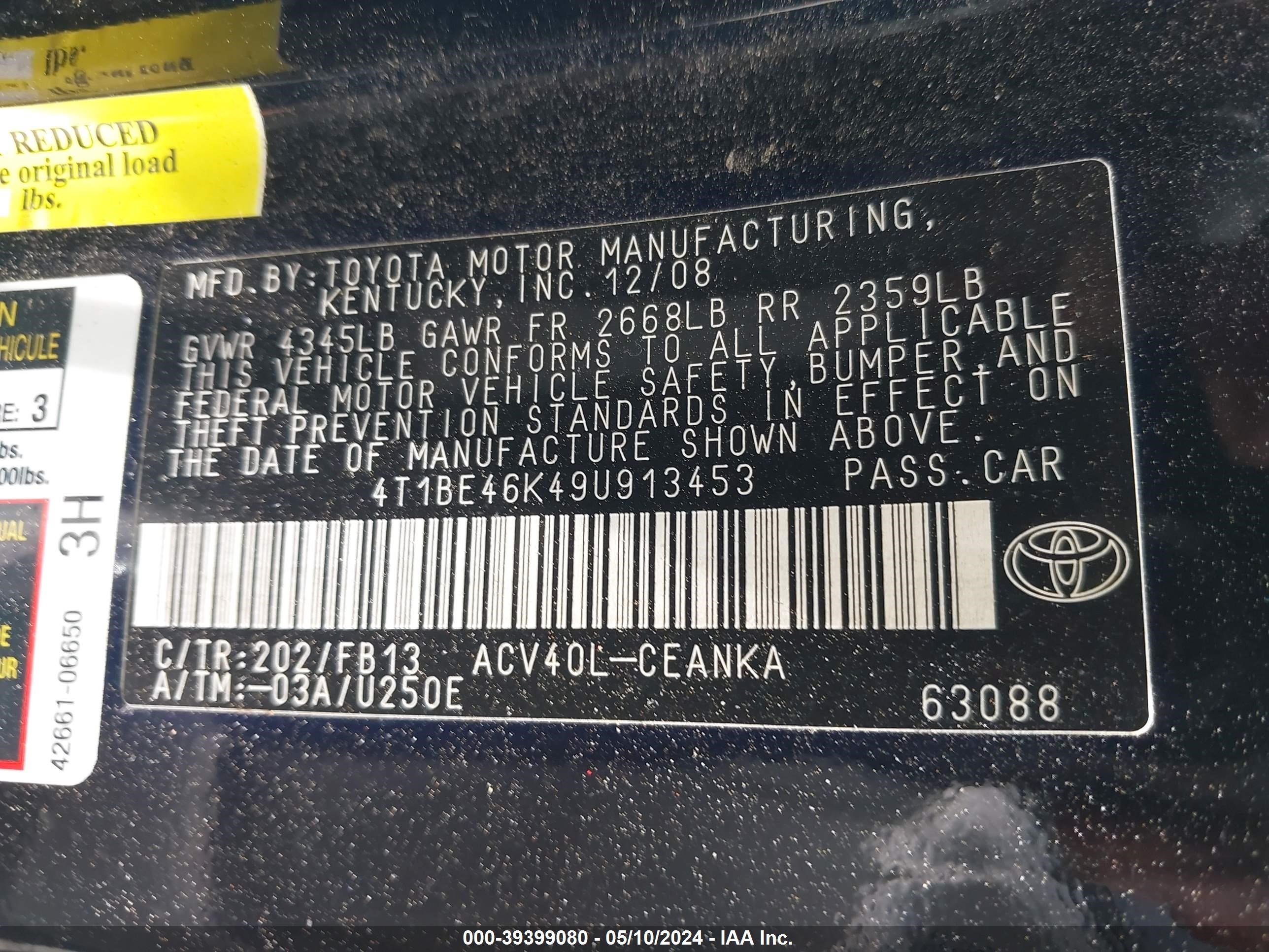 Photo 8 VIN: 4T1BE46K49U913453 - TOYOTA CAMRY 