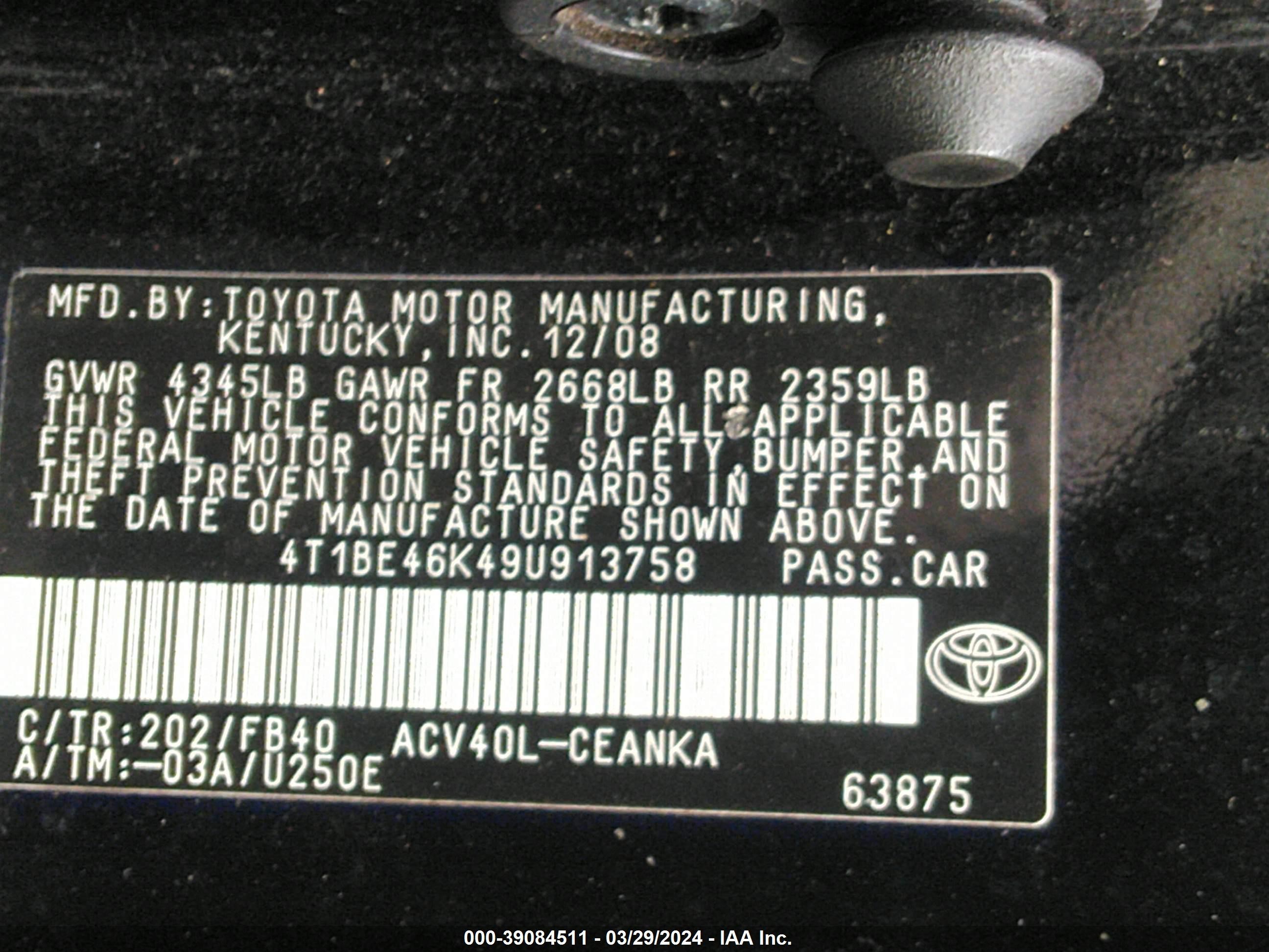 Photo 8 VIN: 4T1BE46K49U913758 - TOYOTA CAMRY 