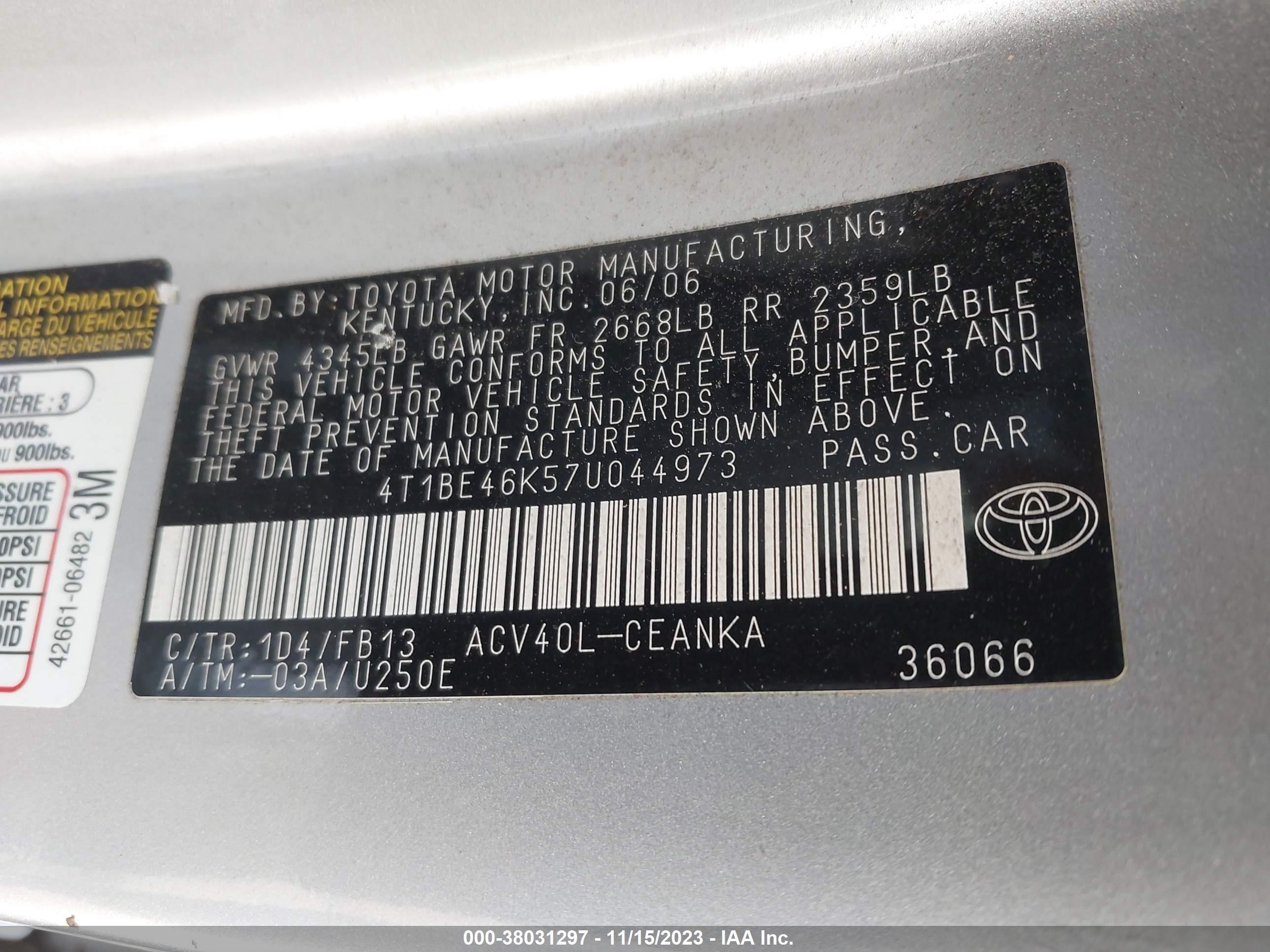 Photo 8 VIN: 4T1BE46K57U044973 - TOYOTA CAMRY 