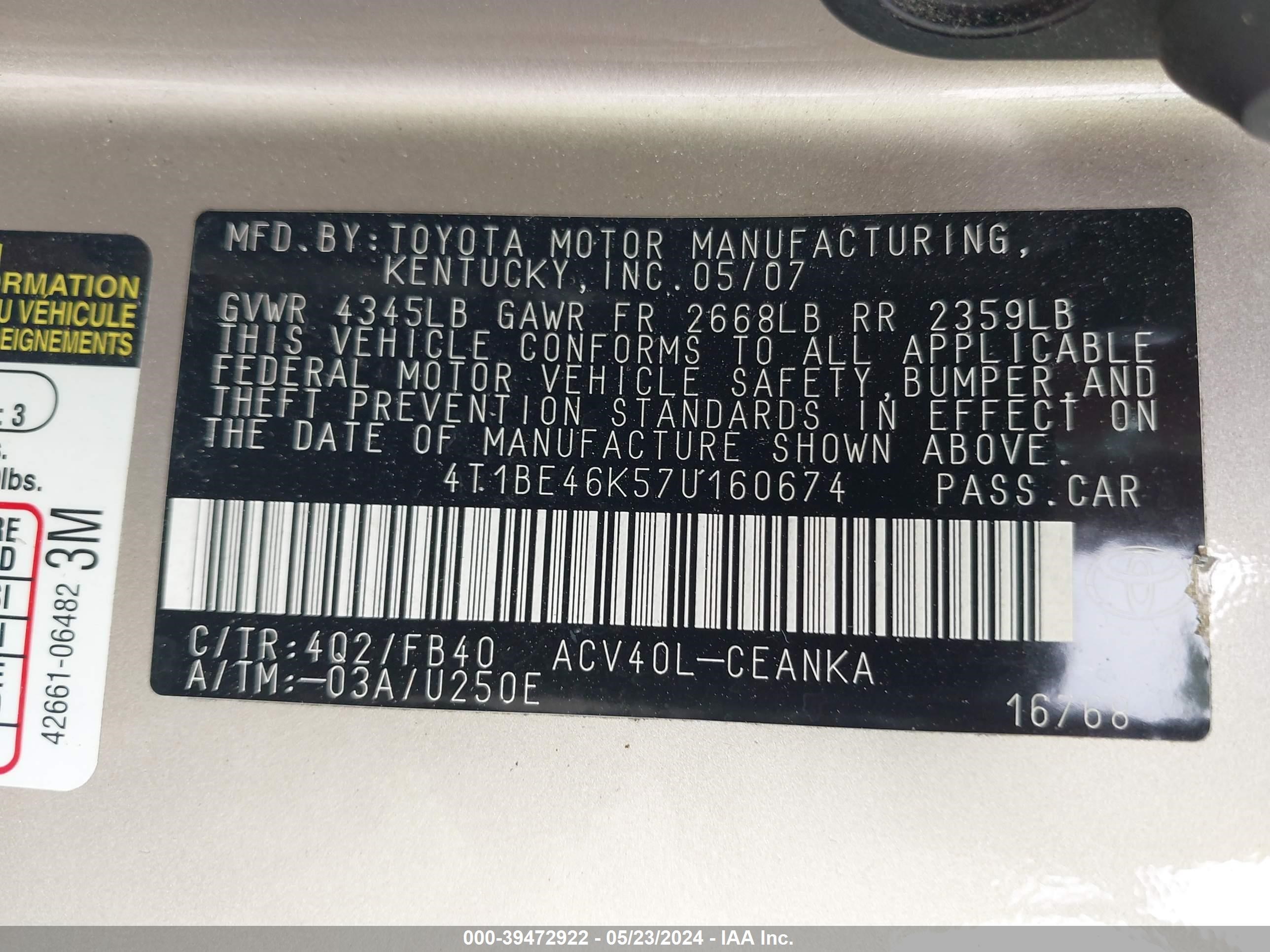 Photo 8 VIN: 4T1BE46K57U160674 - TOYOTA CAMRY 