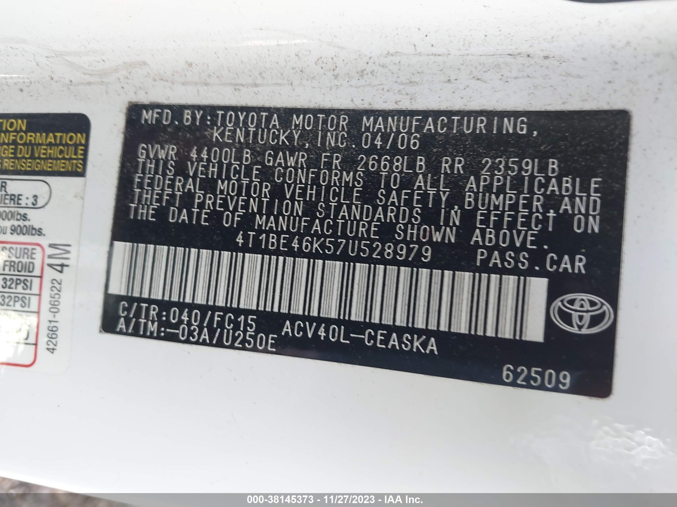 Photo 8 VIN: 4T1BE46K57U528979 - TOYOTA CAMRY 