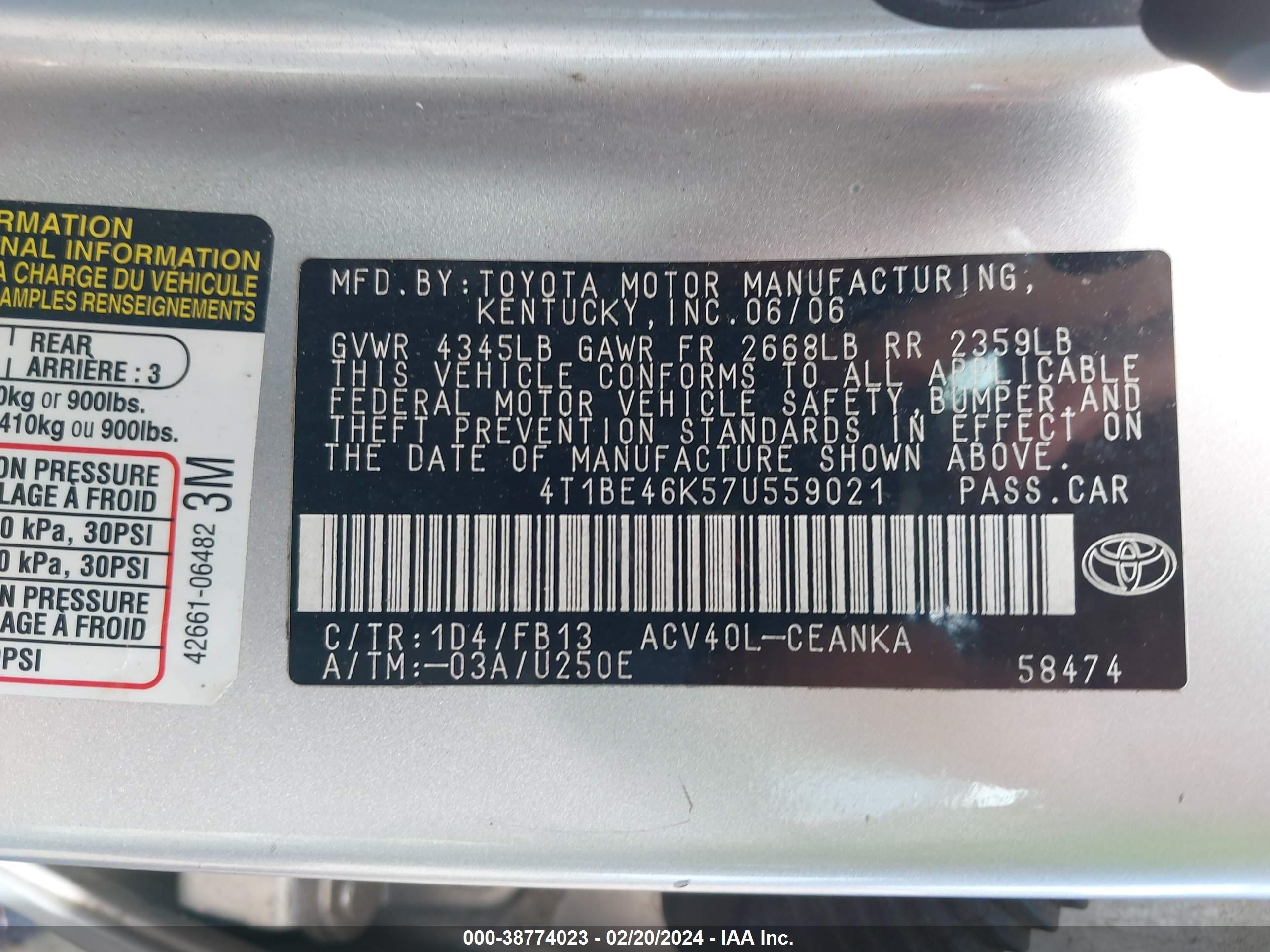 Photo 8 VIN: 4T1BE46K57U559021 - TOYOTA CAMRY 