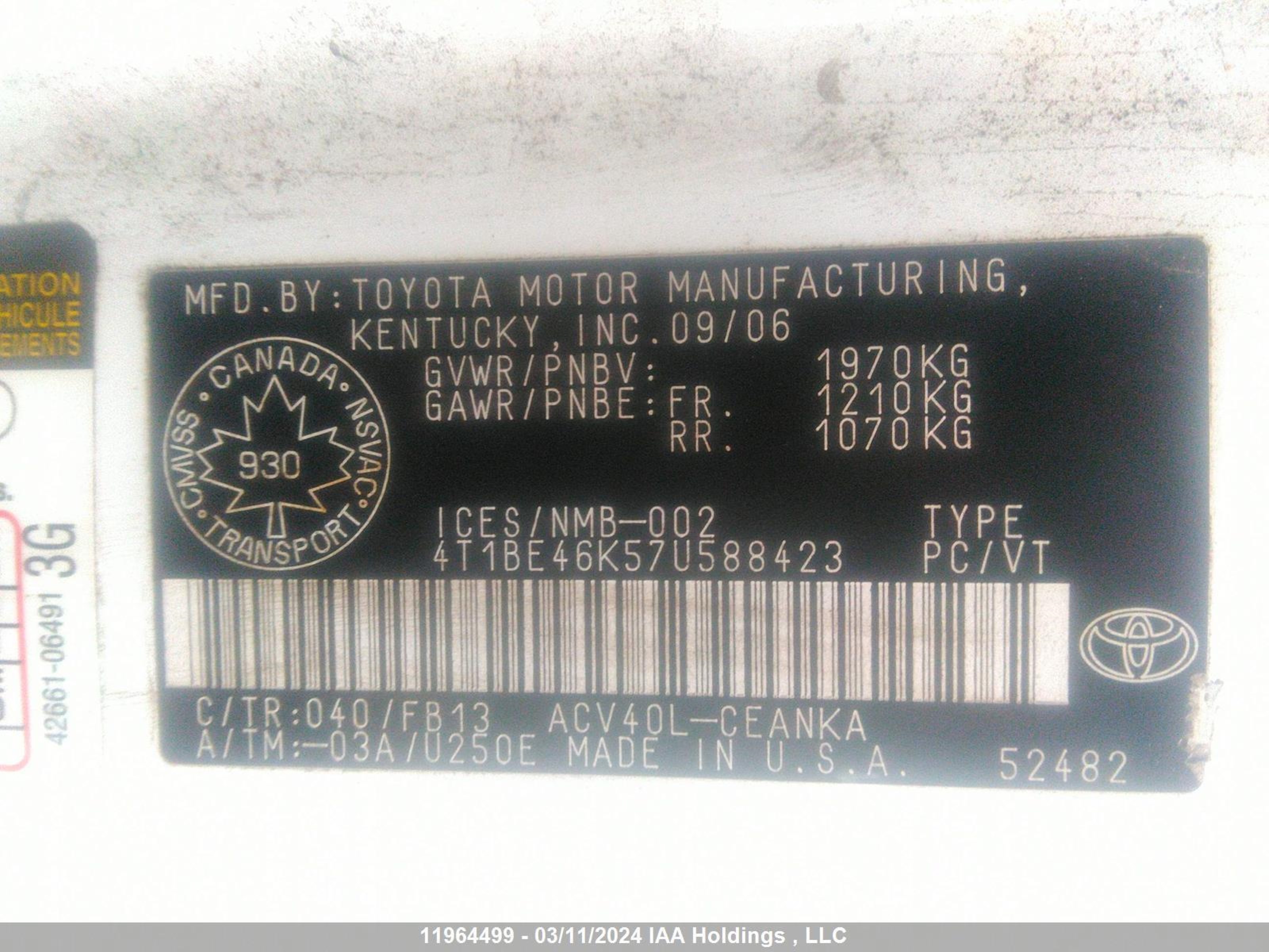 Photo 8 VIN: 4T1BE46K57U588423 - TOYOTA CAMRY 