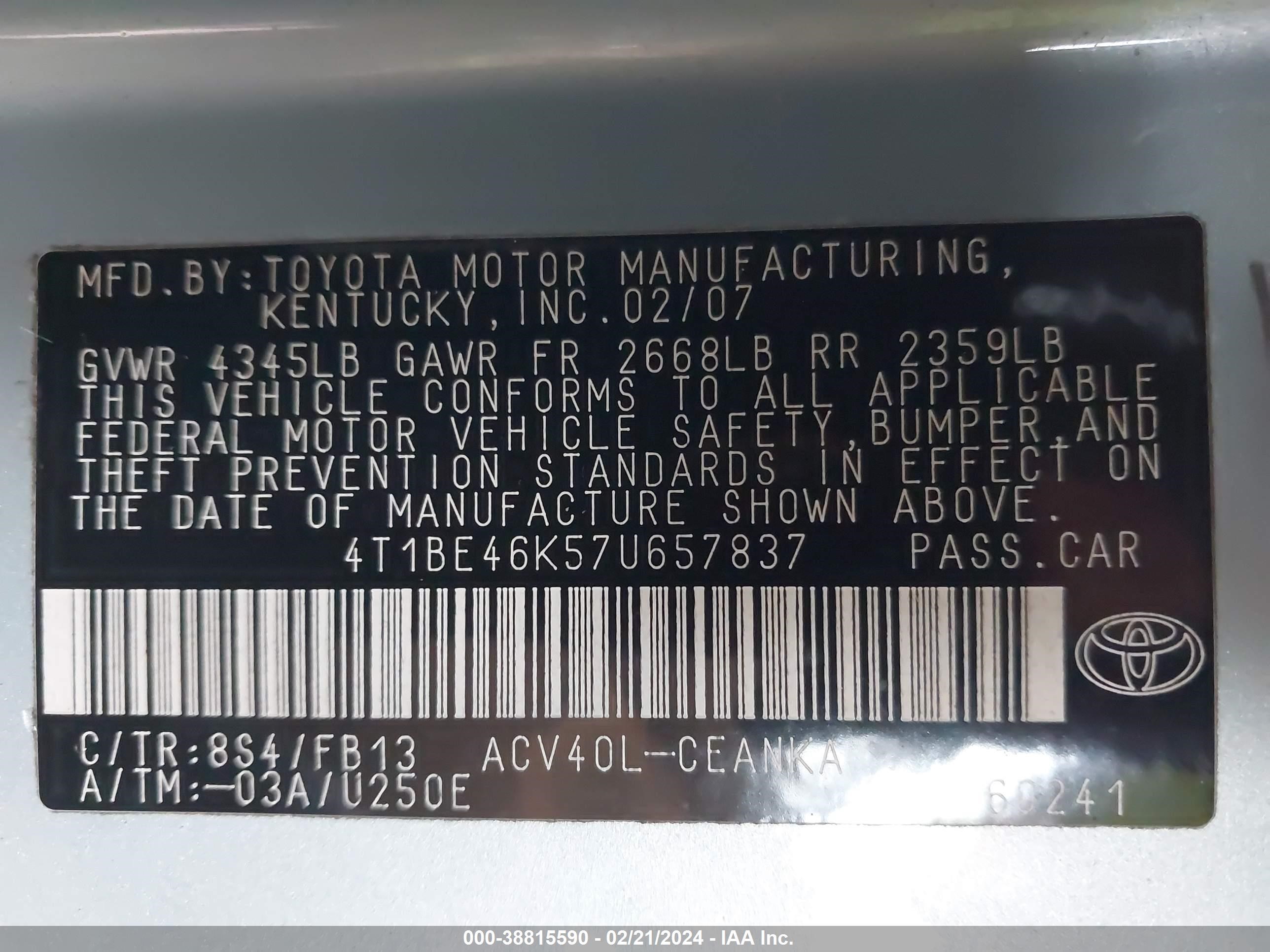 Photo 8 VIN: 4T1BE46K57U657837 - TOYOTA CAMRY 