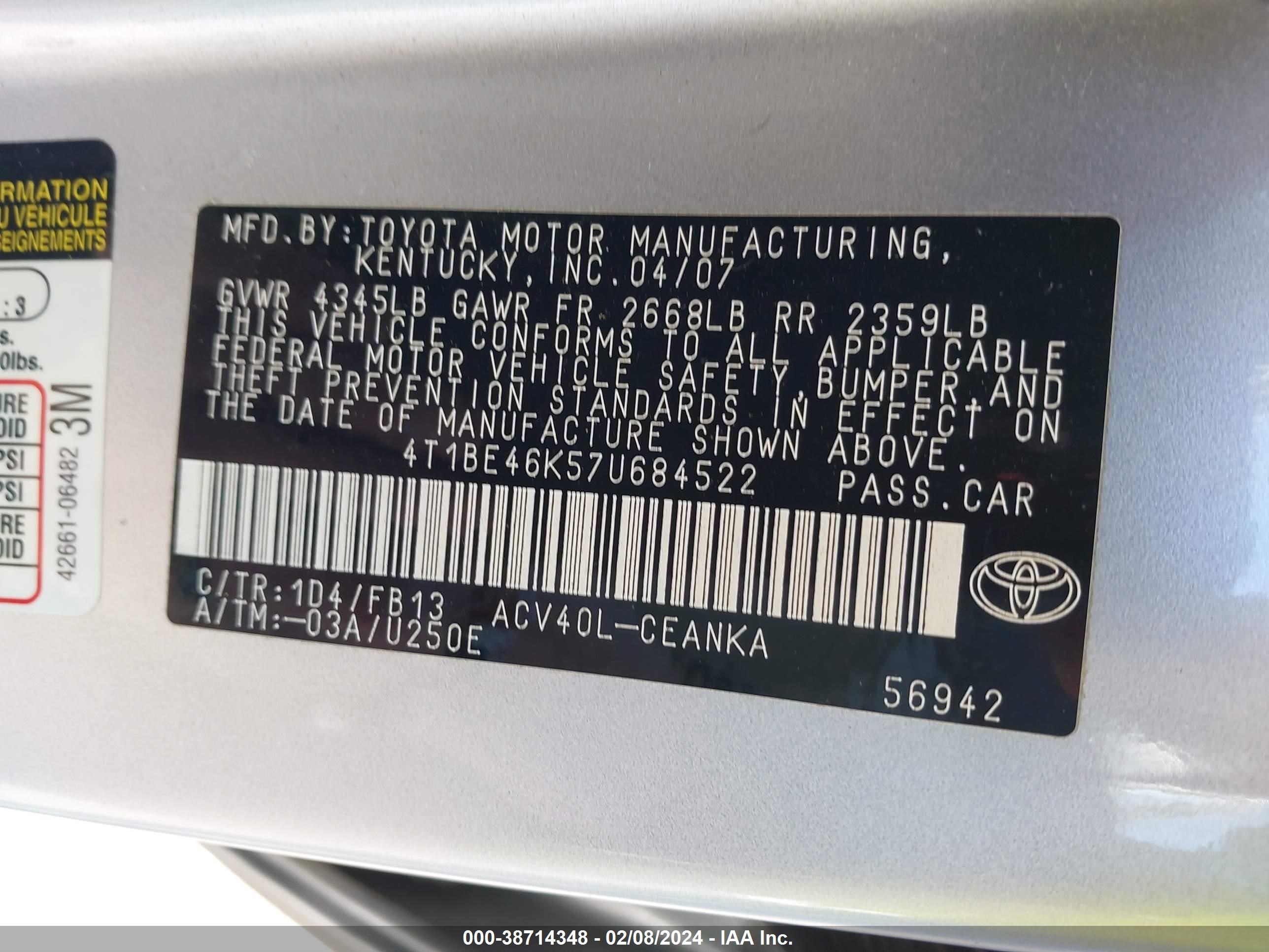 Photo 8 VIN: 4T1BE46K57U684522 - TOYOTA CAMRY 