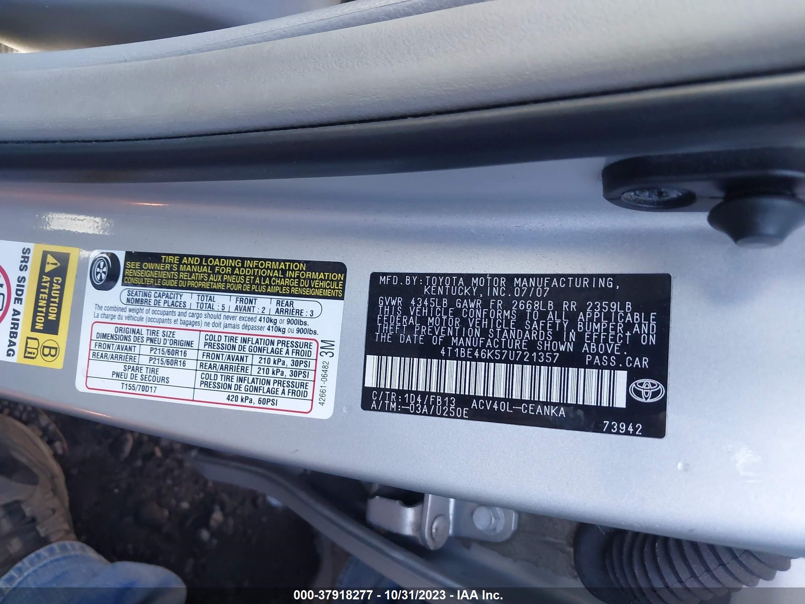 Photo 8 VIN: 4T1BE46K57U721357 - TOYOTA CAMRY 