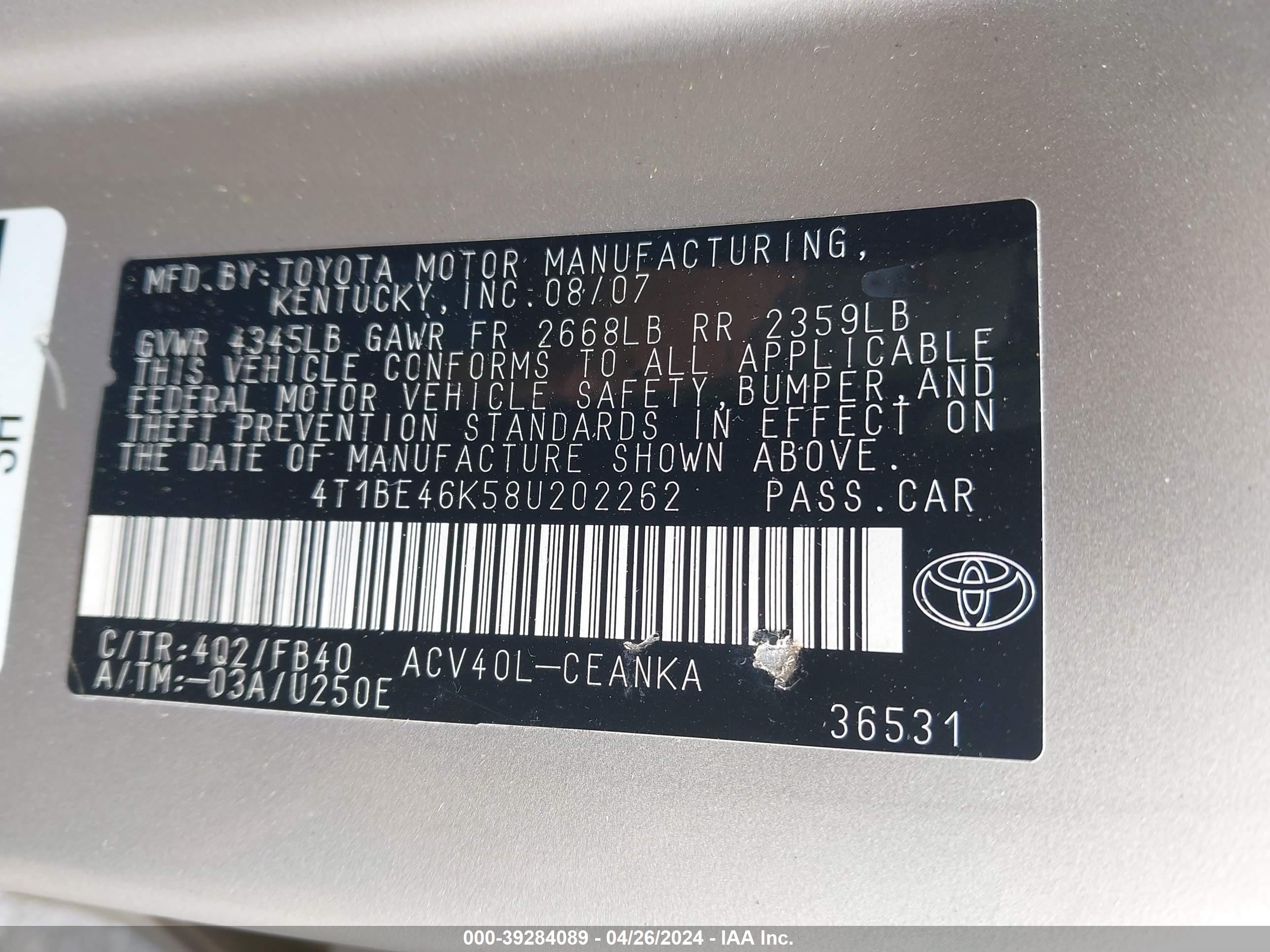 Photo 8 VIN: 4T1BE46K58U202262 - TOYOTA CAMRY 