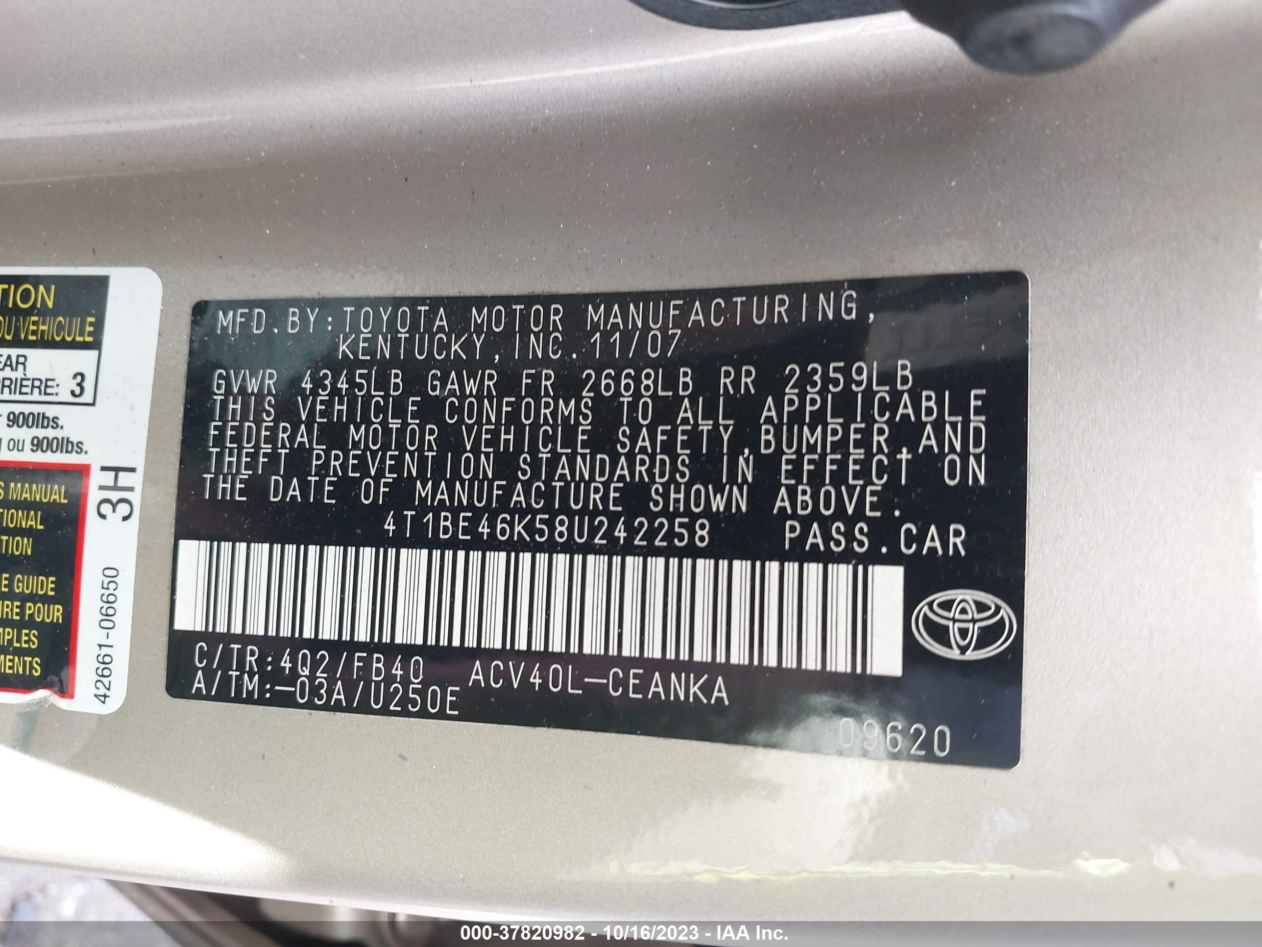 Photo 8 VIN: 4T1BE46K58U242258 - TOYOTA CAMRY 