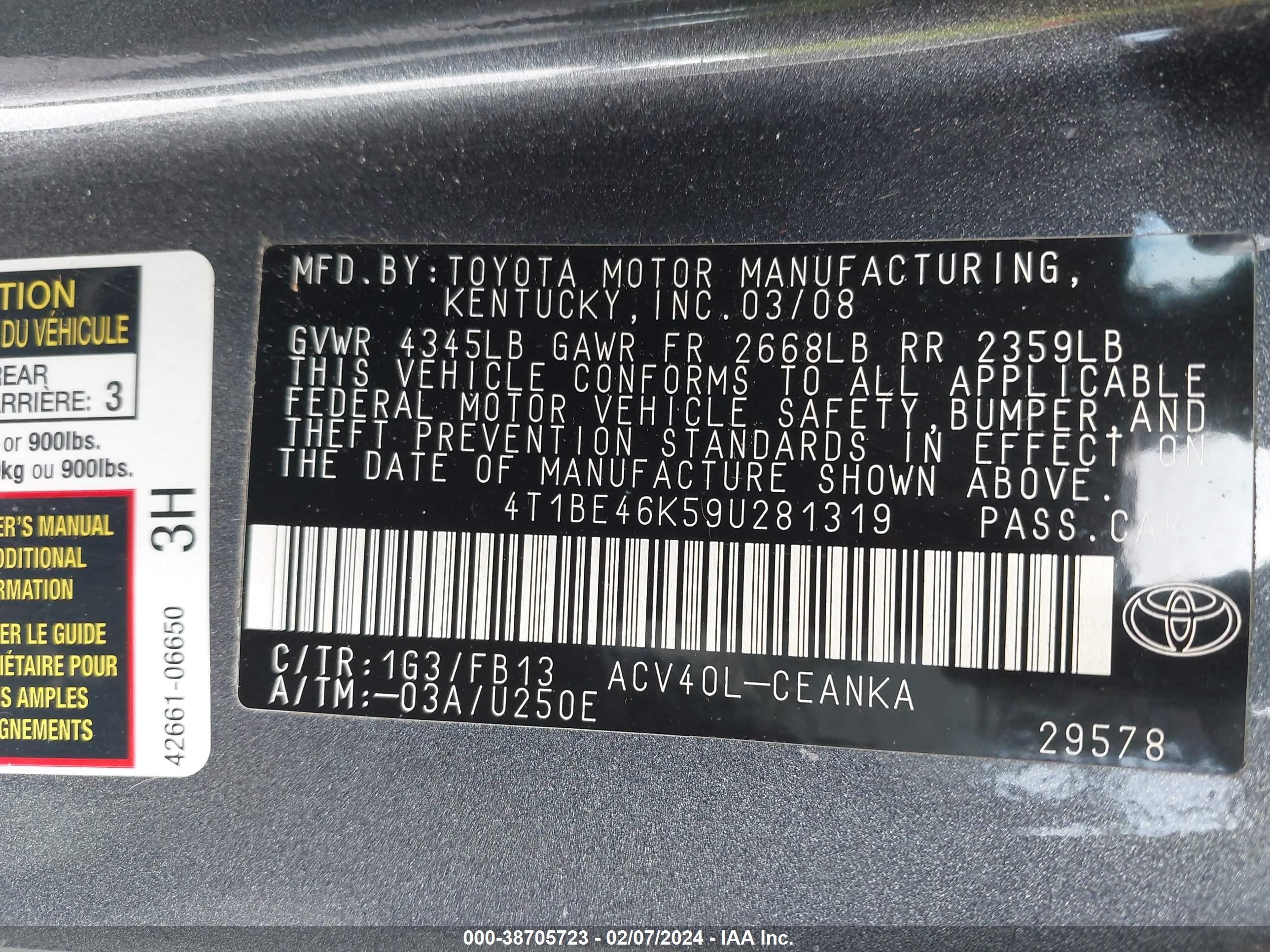 Photo 8 VIN: 4T1BE46K59U281319 - TOYOTA CAMRY 