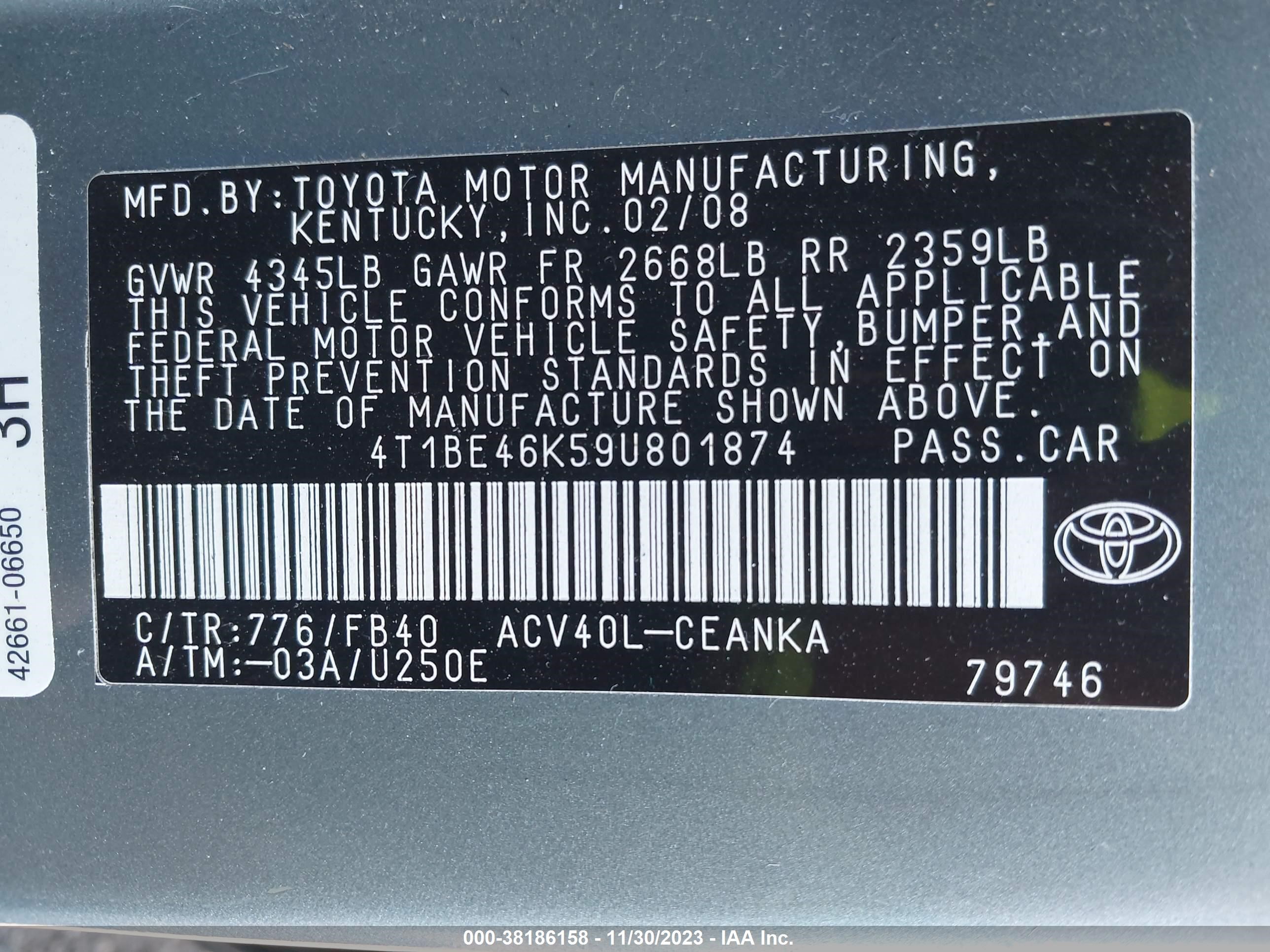 Photo 8 VIN: 4T1BE46K59U801874 - TOYOTA CAMRY 