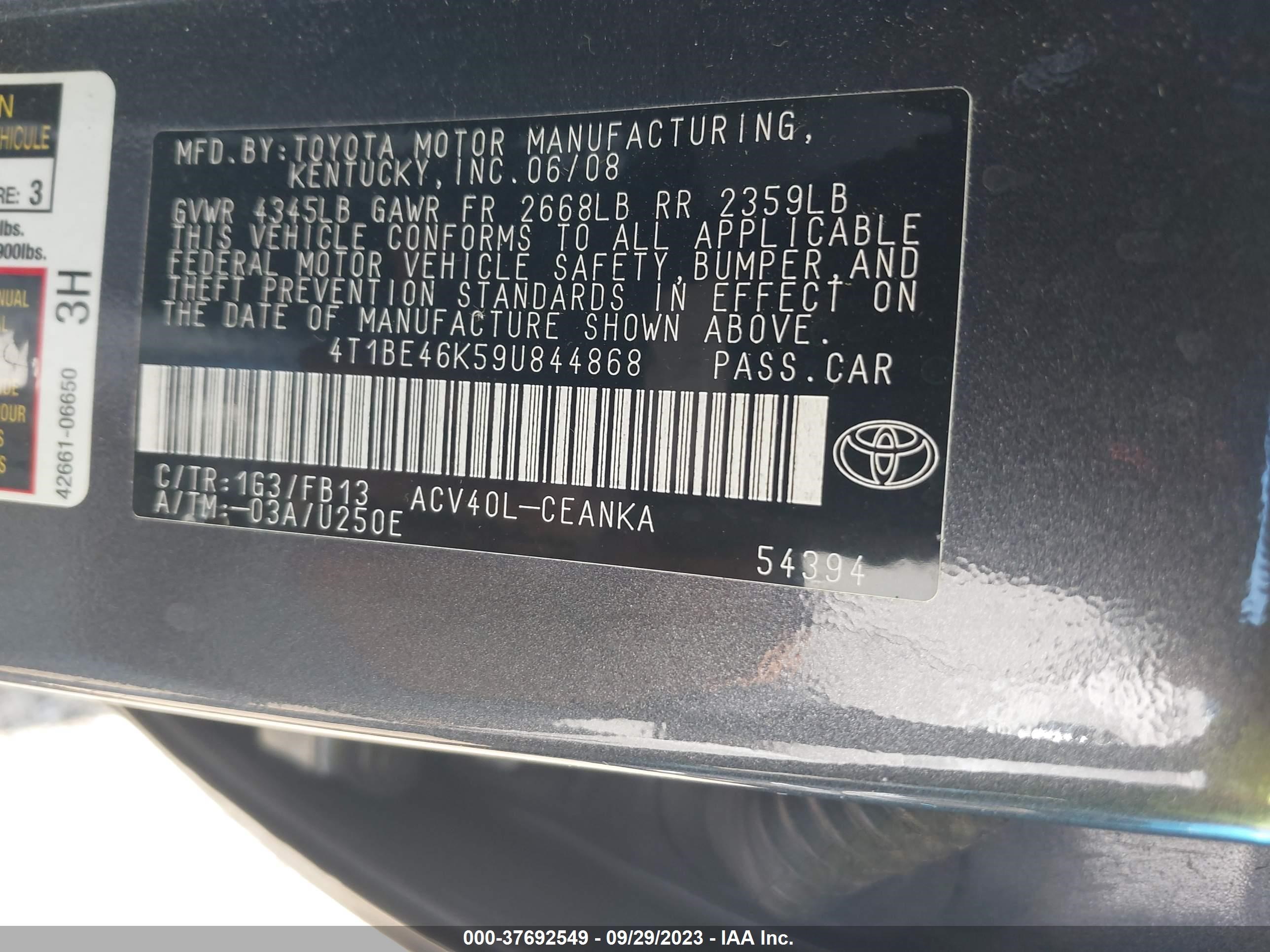 Photo 8 VIN: 4T1BE46K59U844868 - TOYOTA CAMRY 